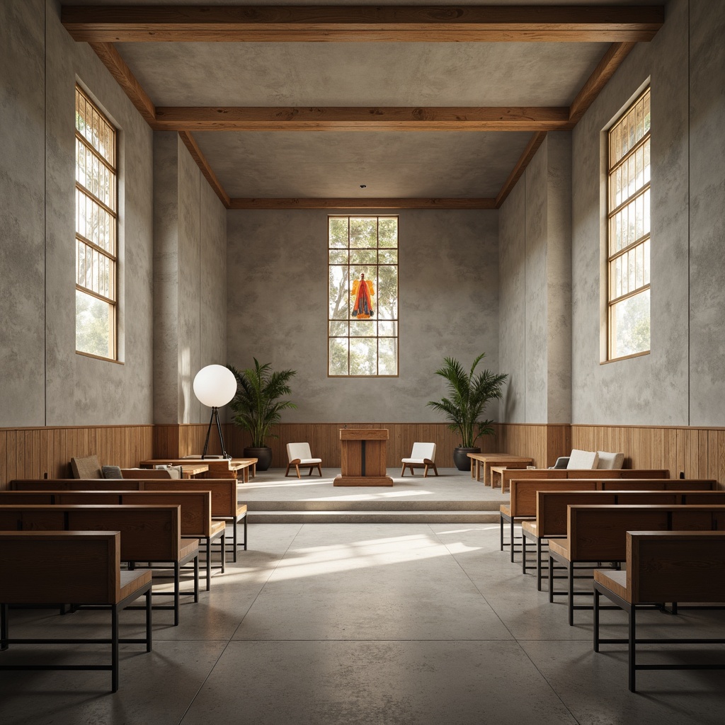 Prompt: Minimalist worship hall, geometric pulpit, industrial metal chairs, wooden pews, simplistic altar, clean lines, rectangular shapes, functional design, monochromatic color scheme, natural light pouring, stained glass windows, brutalist concrete walls, minimalist decor, sacred ambiance, soft warm lighting, shallow depth of field, 1/1 composition, symmetrical view, realistic textures, ambient occlusion.