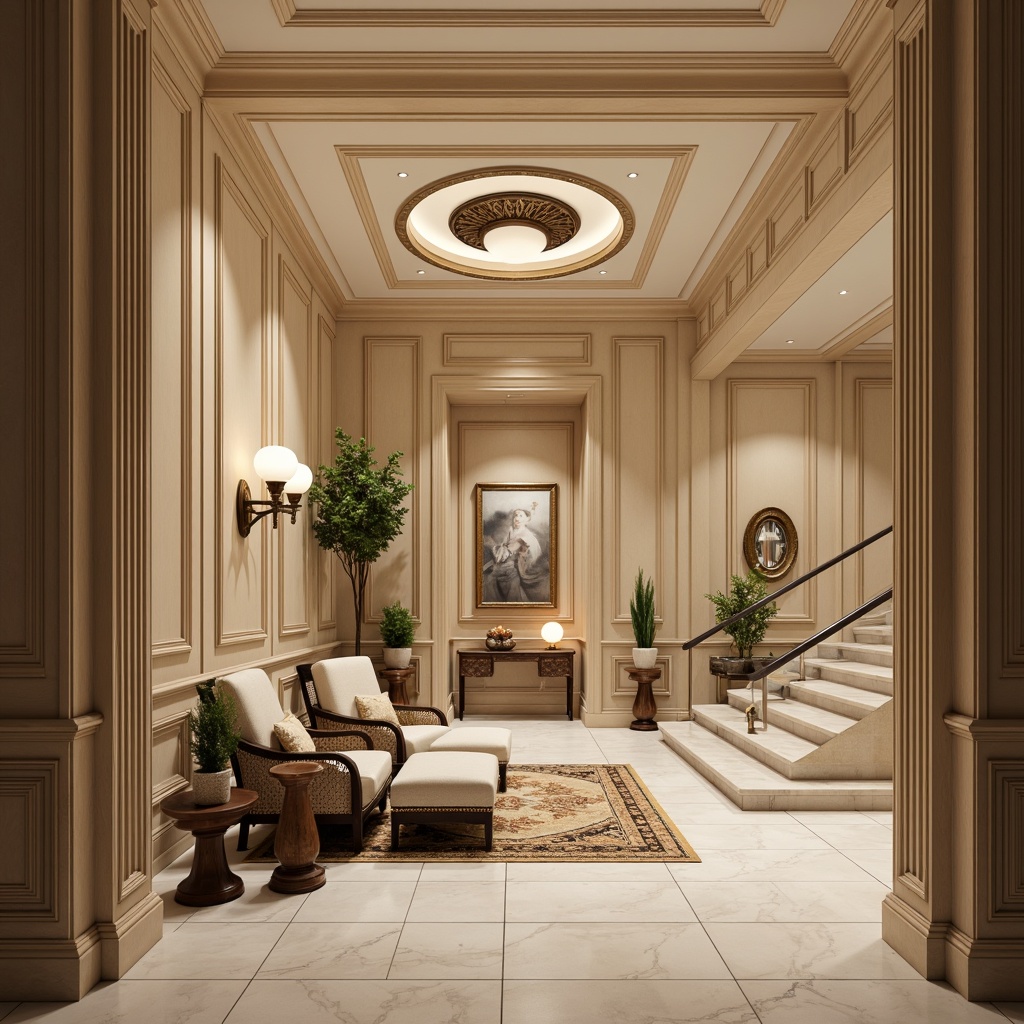 Prompt: Elegant basement space, ornate molding details, Neoclassical architectural style, rich wood paneling, cream-colored walls, sophisticated lighting fixtures, refined furniture pieces, luxurious textiles, subtle patterned rugs, polished marble floors, grand staircase design, stately columns, ornamental ceiling medallions, warm earthy color palette, soft diffused lighting, shallow depth of field, 2/3 composition, symmetrical framing, realistic textures, ambient occlusion.