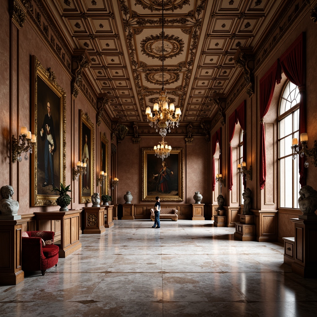 Prompt: Ornate museum interior, Renaissance-style architecture, richly textured walls, intricately carved wooden panels, ornamental plaster ceilings, grand chandeliers, marble flooring, luxurious velvet drapes, gilded picture frames, soft warm lighting, subtle shadow accents, 1/1 composition, shallow depth of field, realistic textures, ambient occlusion.