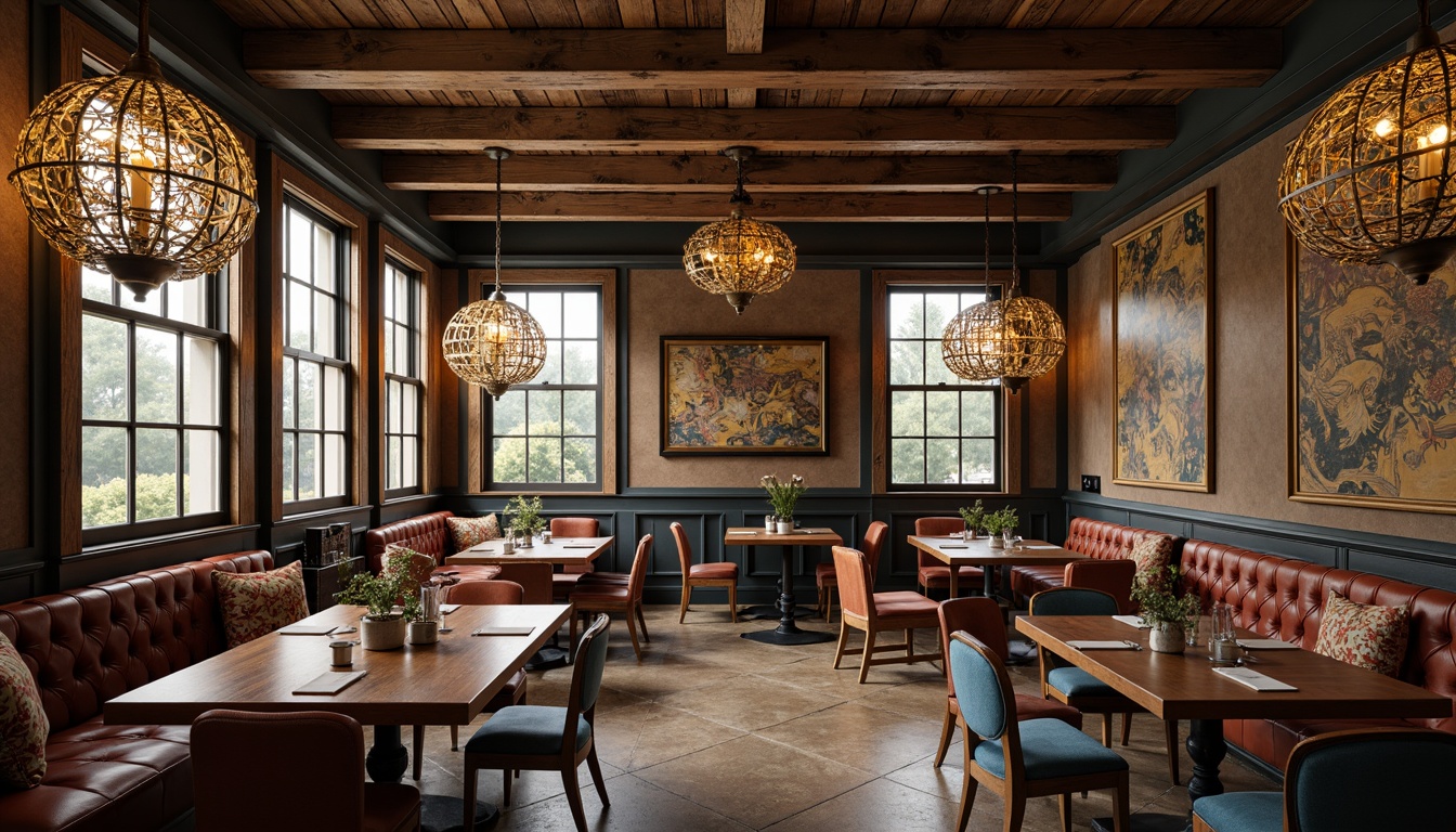 Prompt: Vintage-inspired chandeliers, ornate metalwork, distressed wooden beams, rustic pendant lights, eclectic mix of chair styles, velvet upholstery, rich wood tones, natural stone floors, grandiose windows, soft warm lighting, cozy ambiance, 1/2 composition, shallow depth of field, realistic textures, ambient occlusion.