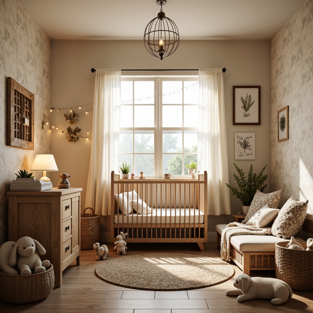 Prompt: Cozy baby room, soft warm lighting, rustic wooden cradle, plush toys, vintage-inspired wallpaper, distressed wood furniture, earthy color palette, woven baskets, natural fiber rugs, warm beige tones, creamy whites, gentle glow, table lamps, floor lamps, string lights, lantern-style chandelier, nature-inspired decorative accents, botanical prints, watercolor art, whimsical mobiles, textured fabrics, organic shapes, soothing ambiance, calming atmosphere.