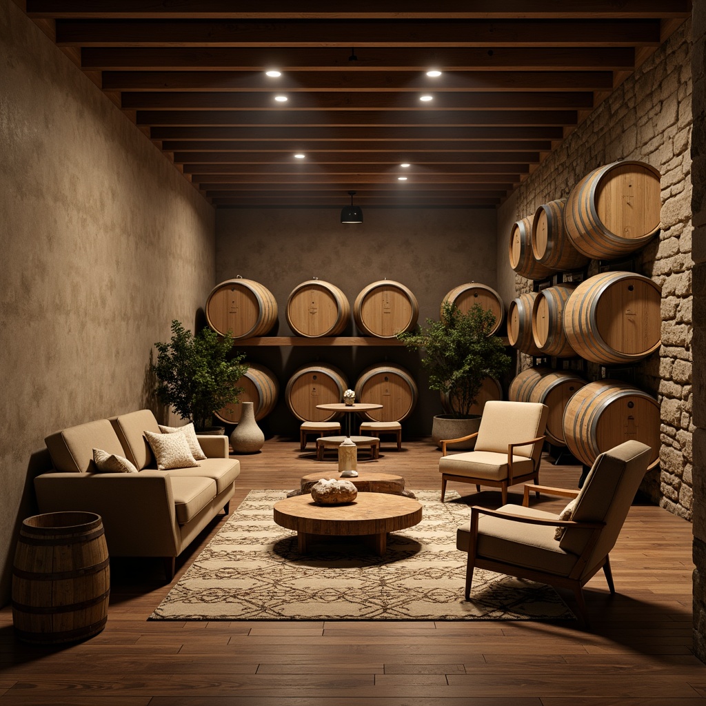 Prompt: Rustic winery setting, mid-century modern style, wooden barrel tables, plush velvet sofas, reclaimed wood accents, industrial metal chairs, vintage wine barrels, dim warm lighting, earthy color palette, natural stone walls, wooden flooring, minimalist decor, functional furniture design, sleek low-profile coffee tables, rounded edge armchairs, tufted upholstery, geometric patterned rugs, warm beige tones, soft focus photography, 1/2 composition, atmospheric misting effect.