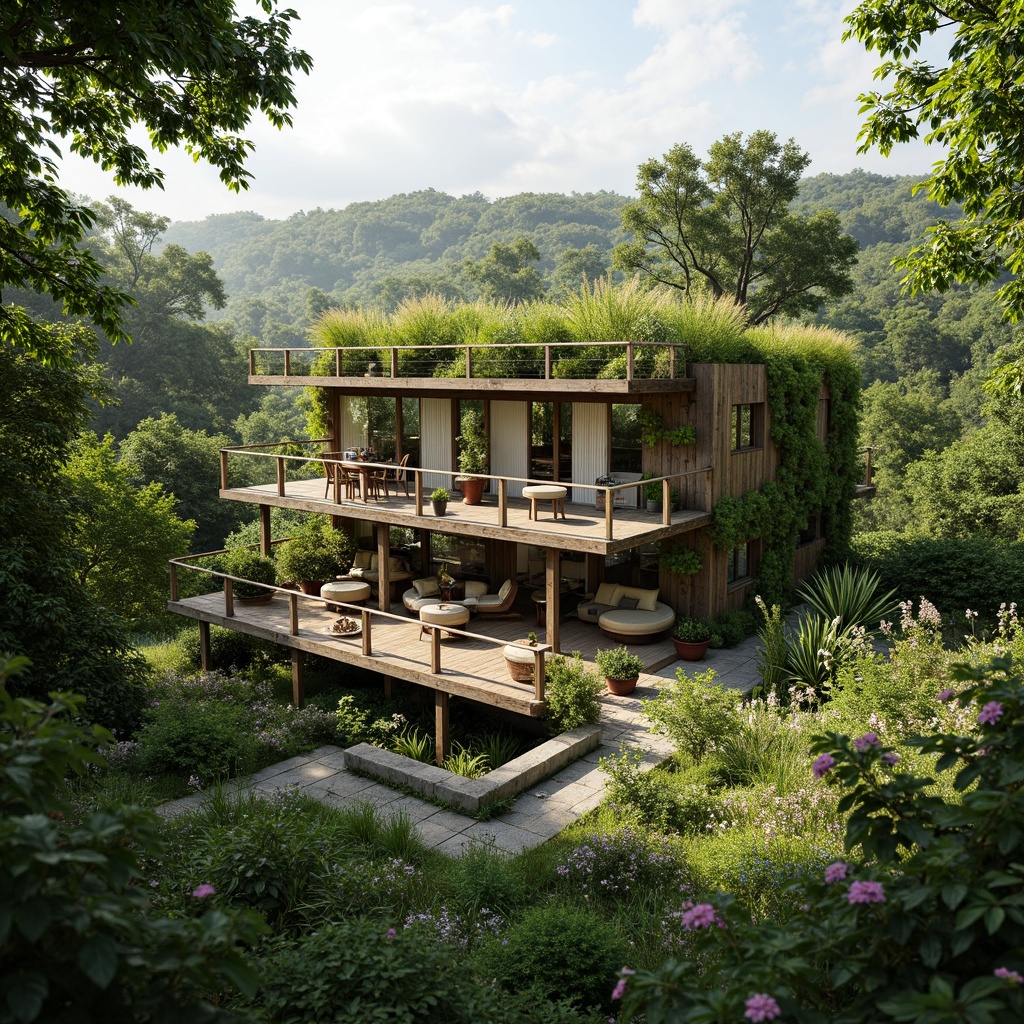 Prompt: Sustainable eco-home, lush green roofs, vertical gardens, recycled materials, energy-efficient systems, solar panels, wind turbines, rainwater harvesting, natural ventilation, minimal waste generation, organic textures, earthy color palette, warm ambient lighting, shallow depth of field, 3/4 composition, realistic rendering, vibrant botanical patterns.