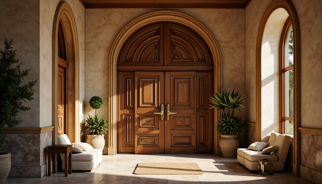 Prompt: Grand entrance, traditional doorway, ornate carvings, wooden door panels, bronze hardware, crystal door knobs, elegant archways, sophisticated moldings, rich wood tones, warm beige stonework, inviting foyer, plush area rugs, soft warm lighting, subtle shadowing, 1/2 composition, realistic textures, ambient occlusion.