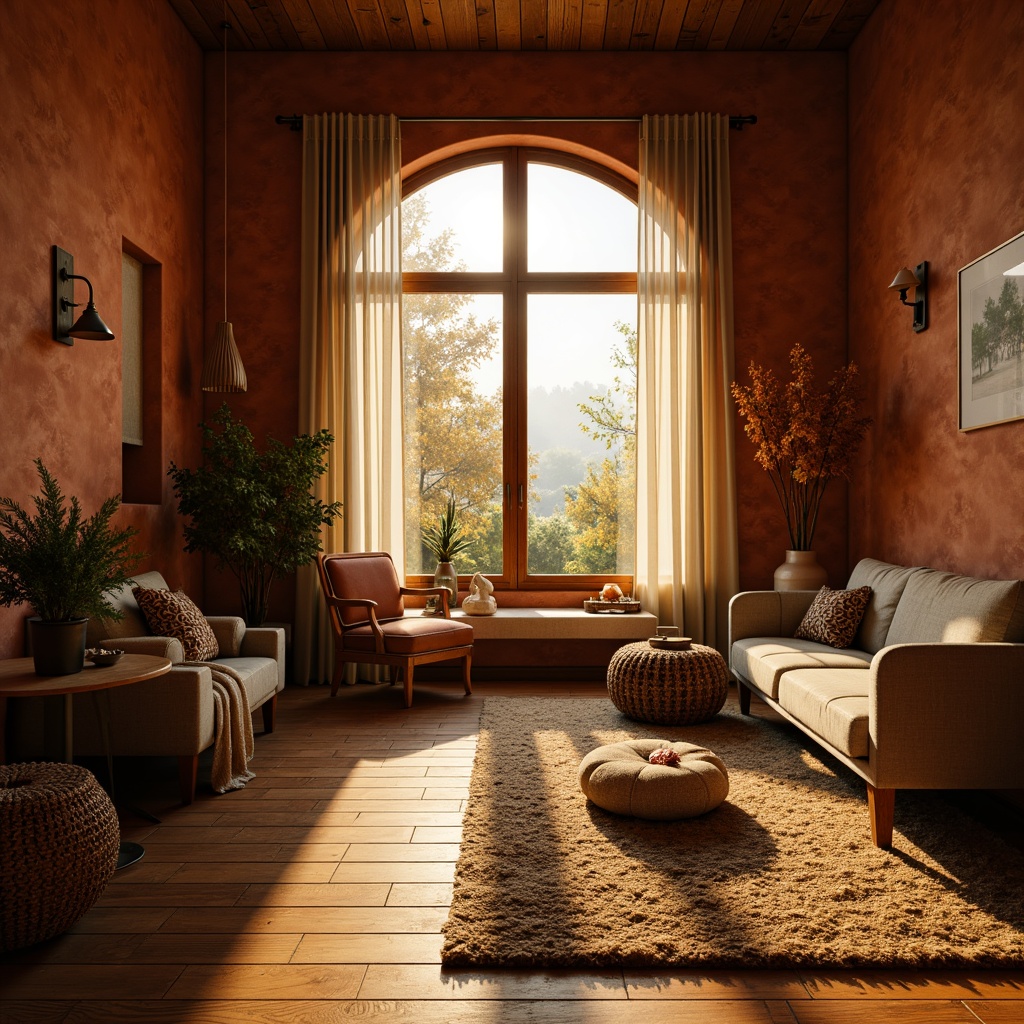 Prompt: Warm amber hues, earthy terracotta, soft golden light, rich wooden textures, natural stone walls, cozy interior spaces, minimalist decor, vintage furniture pieces, woven textiles, plush throw blankets, autumnal forest scenery, misty morning atmosphere, shallow depth of field, 1/1 composition, warm and inviting color scheme, harmonious palette with earthy undertones.