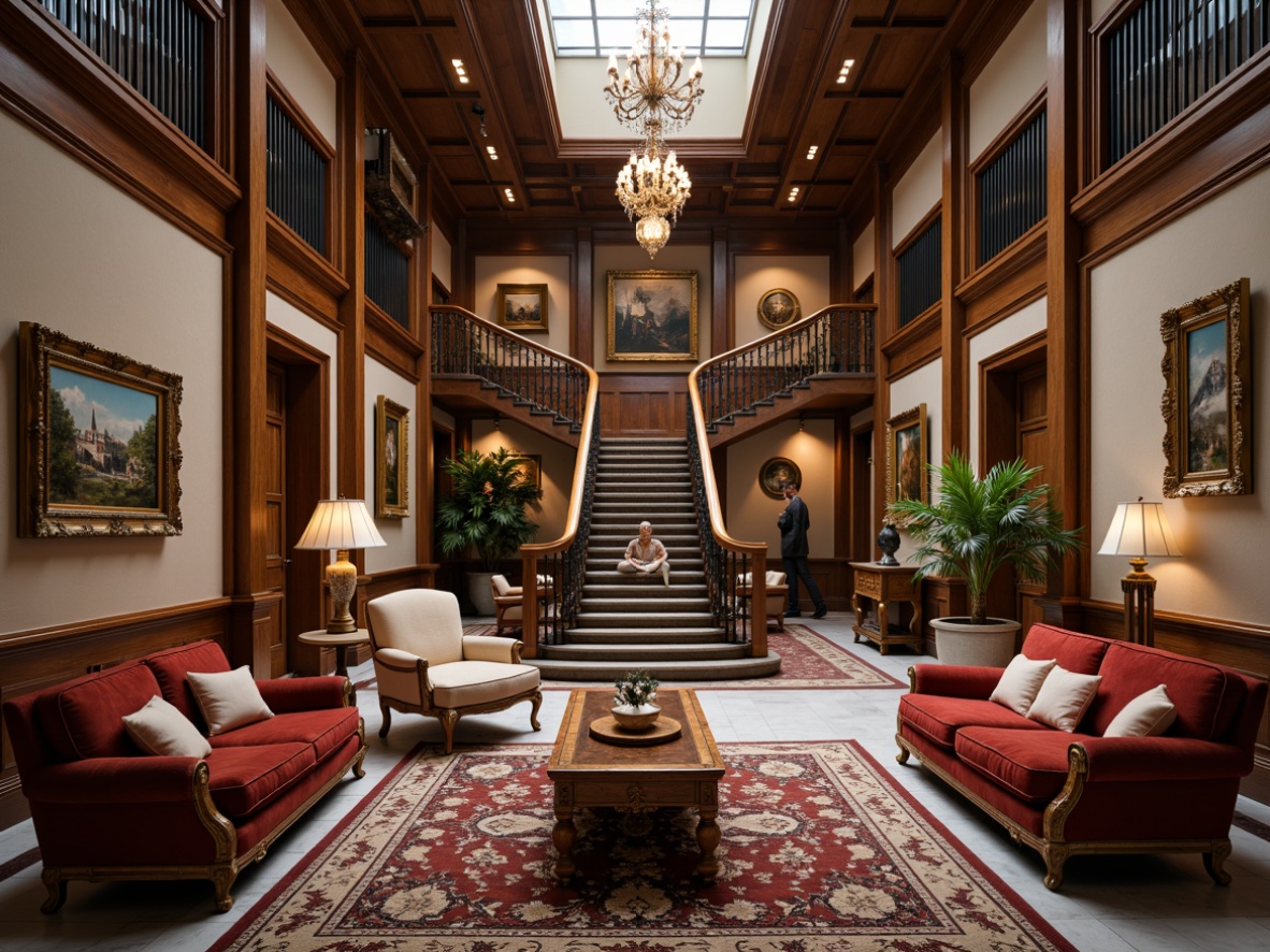 Prompt: Luxurious museum interior, Renaissance-style furnishings, ornate wooden frames, velvet upholstered sofas, intricately carved chairs, gilded coffee tables, richly patterned rugs, crystal chandeliers, grand staircase, marble floors, stately columns, soft warm lighting, subtle color palette, 1/1 composition, realistic textures, ambient occlusion.