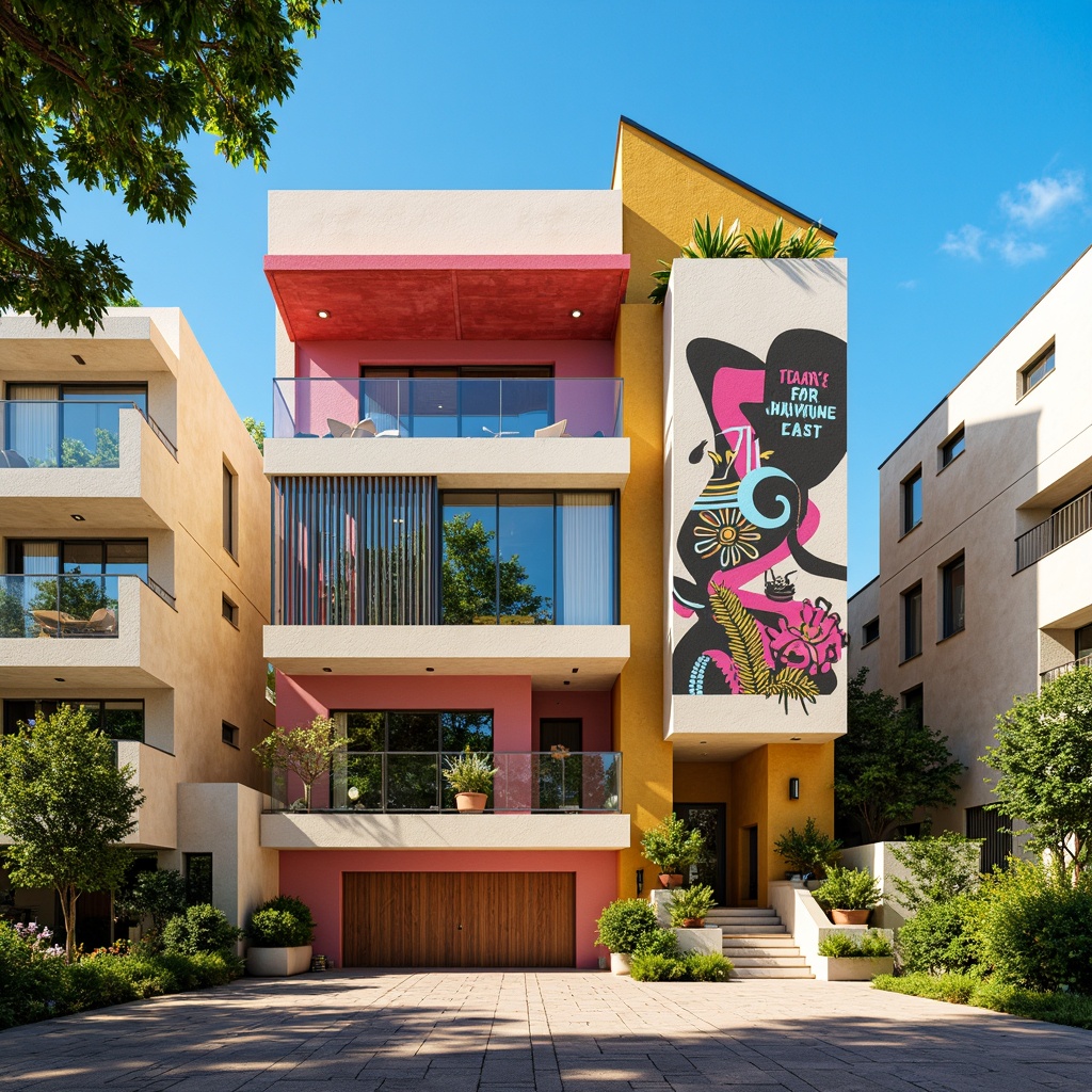 Prompt: Vibrant residential building, eclectic postmodernist architecture, bold color blocking, pastel hues, neon accents, abstract mural patterns, playful typography, ornate decorative elements, irregular shapes, asymmetrical fa\u00e7ade, cantilevered volumes, irregular rooflines, warm beige stucco, cool grey concrete, rich wood tones, bright ceramic tiles, lush greenery, tropical plants, sunny day, soft warm lighting, shallow depth of field, 3/4 composition, realistic textures, ambient occlusion.