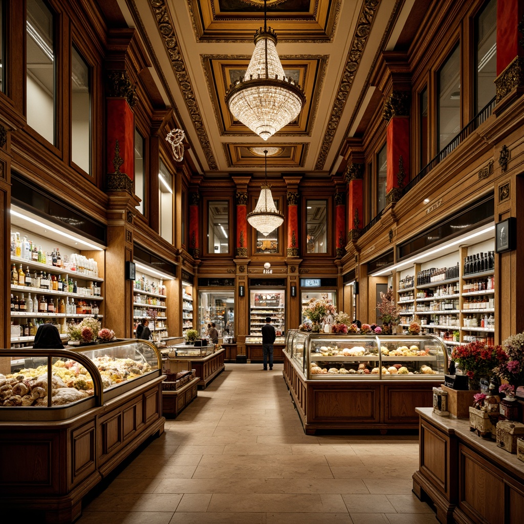 Prompt: Ornate baroque grocery store, rich wood paneling, gilded moldings, crystal chandeliers, marble countertops, ornamental mirrors, frescoed ceilings, lavish velvet drapes, intricate stone carvings, polished brass fixtures, vintage-inspired signage, warm golden lighting, soft focus photography, 1/2 composition, atmospheric perspective, highly detailed textures.