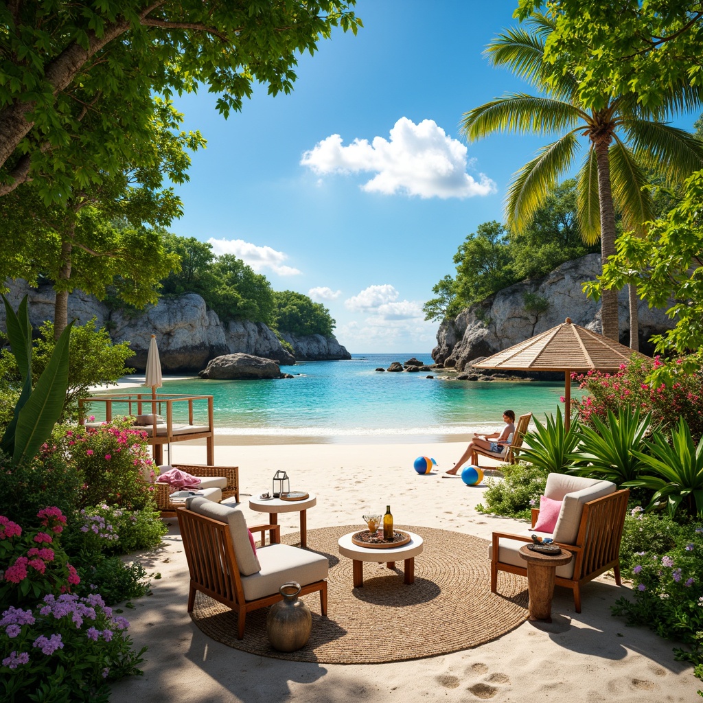 Prompt: Vibrant tropical landscape, lush green foliage, exotic flowers, warm sandy beaches, crystal-clear turquoise waters, bright coral reefs, colorful beach balls, woven wicker furniture, natural wood accents, rattan textures, eclectic global patterns, bold vibrant colors, sunny day, soft warm lighting, shallow depth of field, 1/1 composition, realistic renderings, ambient occlusion.