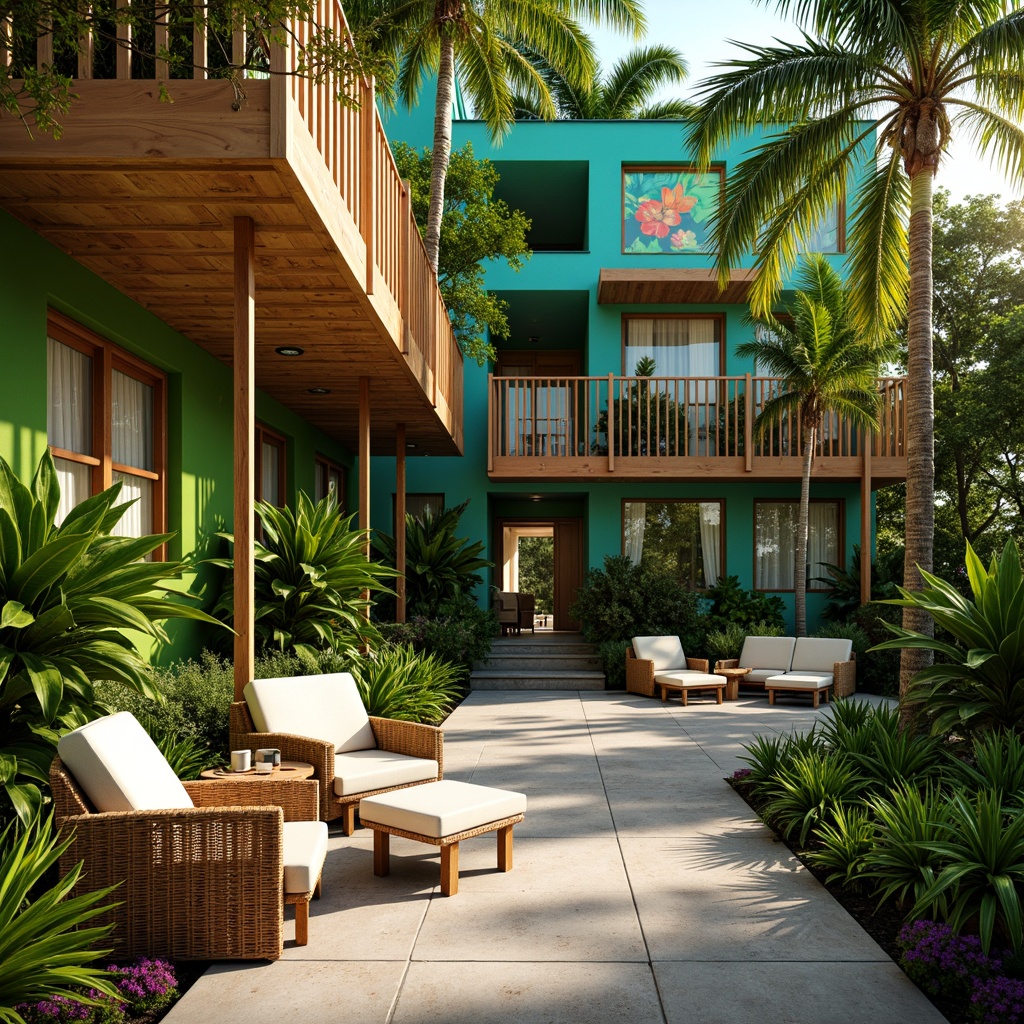 Prompt: Vibrant tropical building facade, lush green walls, exotic palm trees, colorful floral patterns, wooden accents, natural textures, woven rattan furniture, bright coral-inspired colors, ocean breeze, sunny day, warm soft lighting, shallow depth of field, 1/1 composition, intimate atmosphere, realistic rendering, ambient occlusion, tropical leaf-shaped decorations, bamboo elements, natural stone flooring, earthy tone color palette.