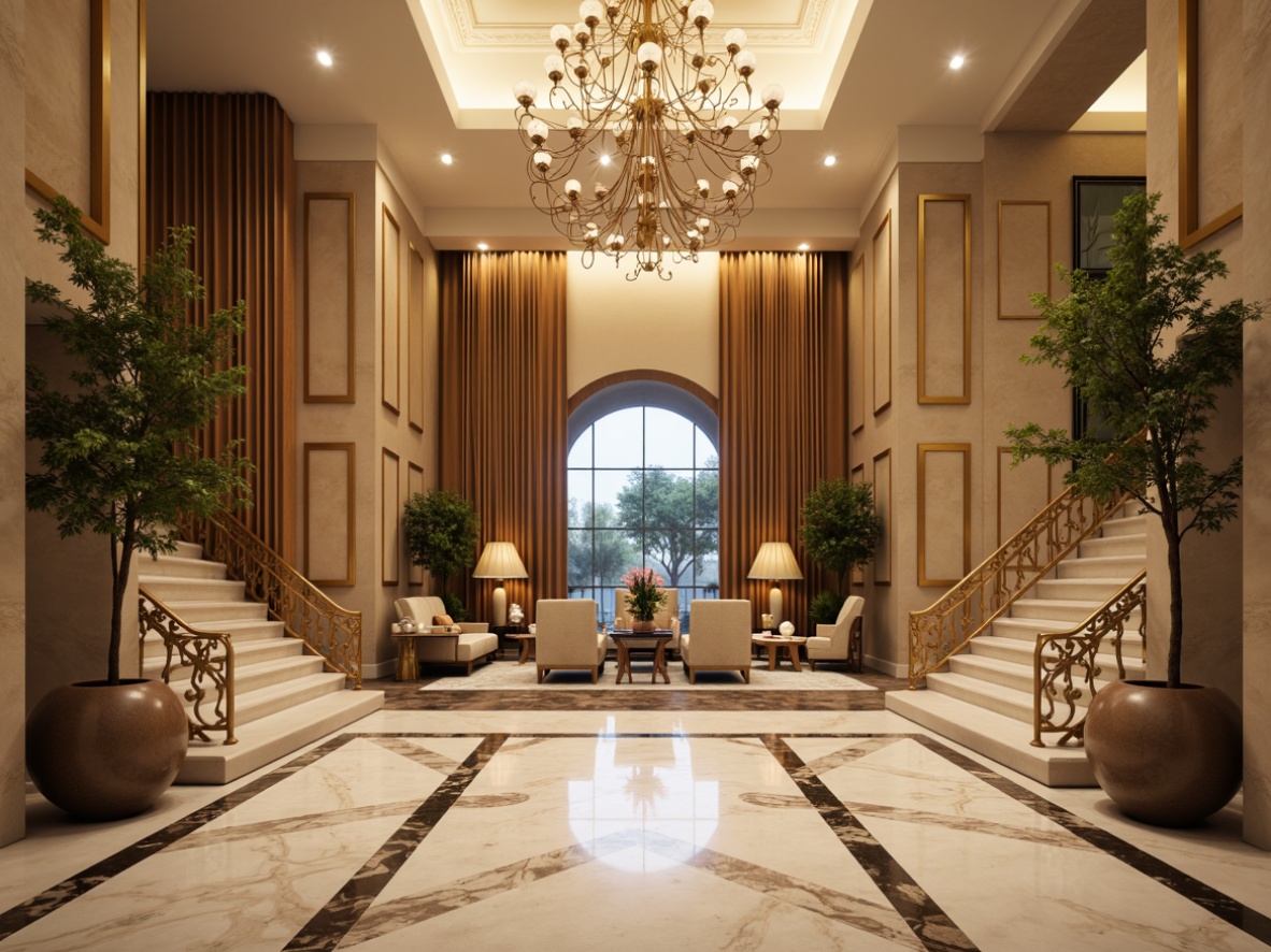 Prompt: Grand entrance, elegant foyer, luxurious chandelier, marble flooring, sophisticated color scheme, rich wood tones, warm beige walls, creamy white ceilings, ornate gold accents, lavish velvet drapes, statement lighting fixtures, modern minimalist decor, sleek metal handrails, subtle texture variations, natural stone columns, refined architectural details, soft warm glow, shallow depth of field, 1/2 composition, realistic rendering, ambient occlusion.