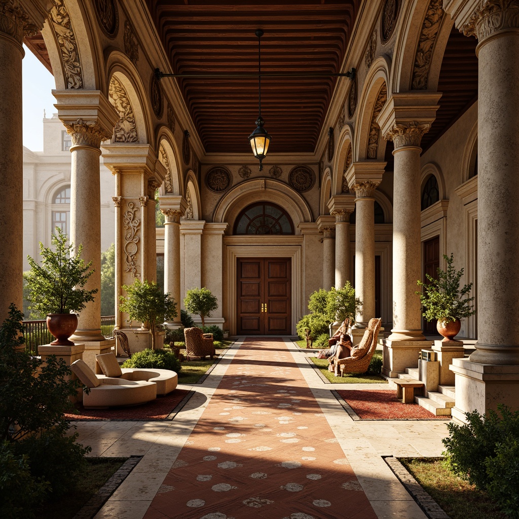 Prompt: Ornate Renaissance palace, grandiose columns, intricately carved stonework, ornamental fountains, lavish marble floors, richly textured fabrics, majestic wooden doors, antique furnishings, gilded accents, warm golden lighting, soft focus, atmospheric perspective, 1/2 composition, elegant archways, sophisticated color palette, realistic weathered stone, aged copper details.