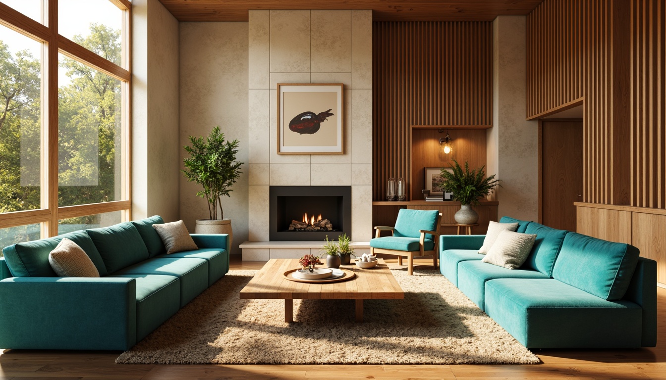 Prompt: Cozy living room, warm beige walls, rich walnut wood furniture, soft velvet upholstery, vibrant turquoise accents, natural stone fireplace, modern minimalist decor, abstract artwork, floor-to-ceiling windows, abundant natural light, warm golden lighting, shallow depth of field, 3/4 composition, realistic textures, ambient occlusion.