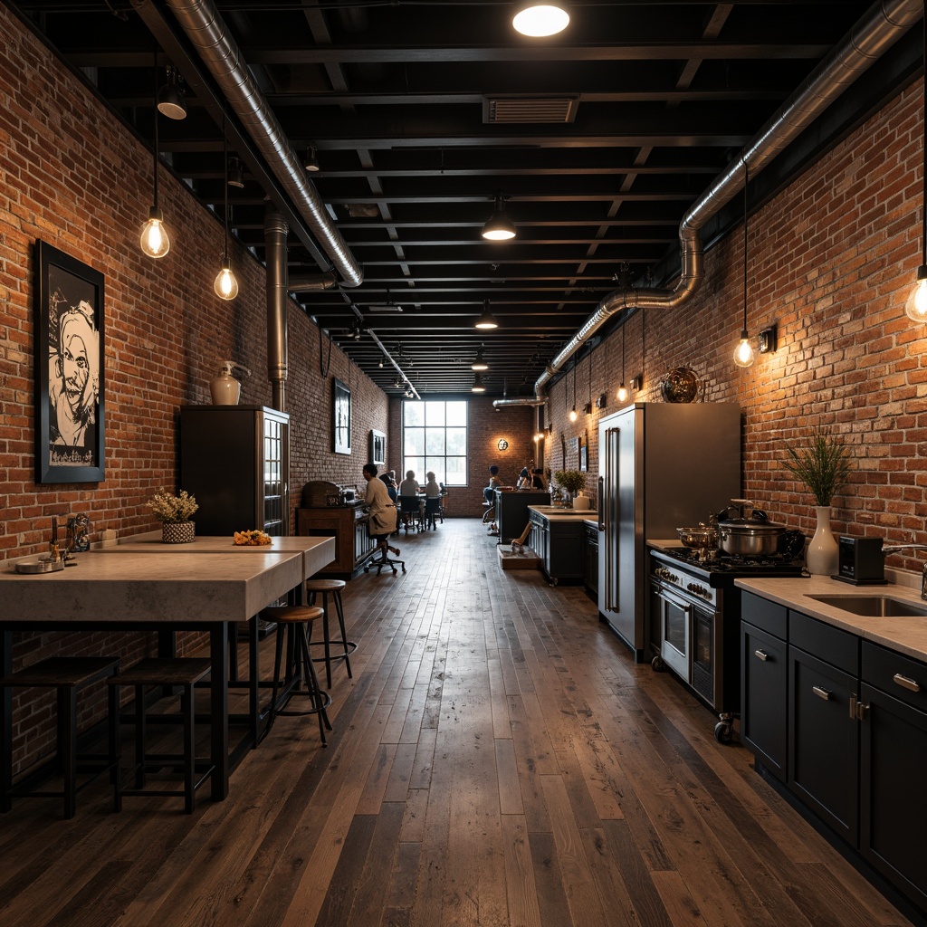 Prompt: Exposed brick walls, metal beams, reclaimed wood floors, industrial-style lighting fixtures, minimalist decor, urban loft atmosphere, open-plan living spaces, polished concrete countertops, metallic accents, functional storage systems, mechanical equipment visible, Edison bulb pendant lights, distressed finishes, raw textures, moody color palette, dramatic shadows, low-key ambient lighting, 1/1 composition, atmospheric perspective, realistic renderings.