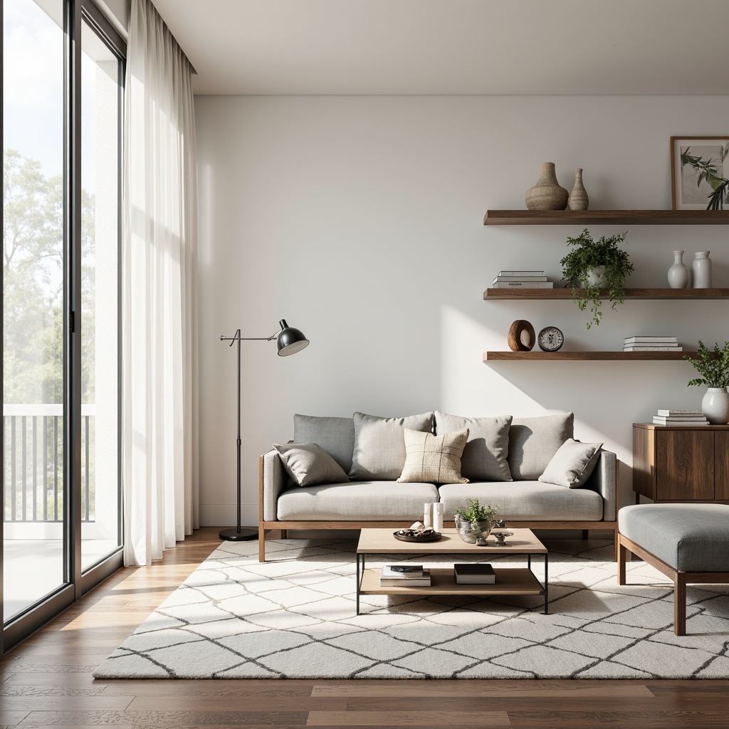 Prompt: Minimalist living room, low-profile sofa, sleek coffee table, industrial metal legs, monochromatic color scheme, empty space, natural light pouring in, floor-to-ceiling windows, sheer white curtains, sparse decoration, geometric-shaped rug, clean-lined shelves, edited decorative pieces, potted greenery, calm atmosphere, soft warm lighting, 1/1 composition, shallow depth of field, realistic textures.