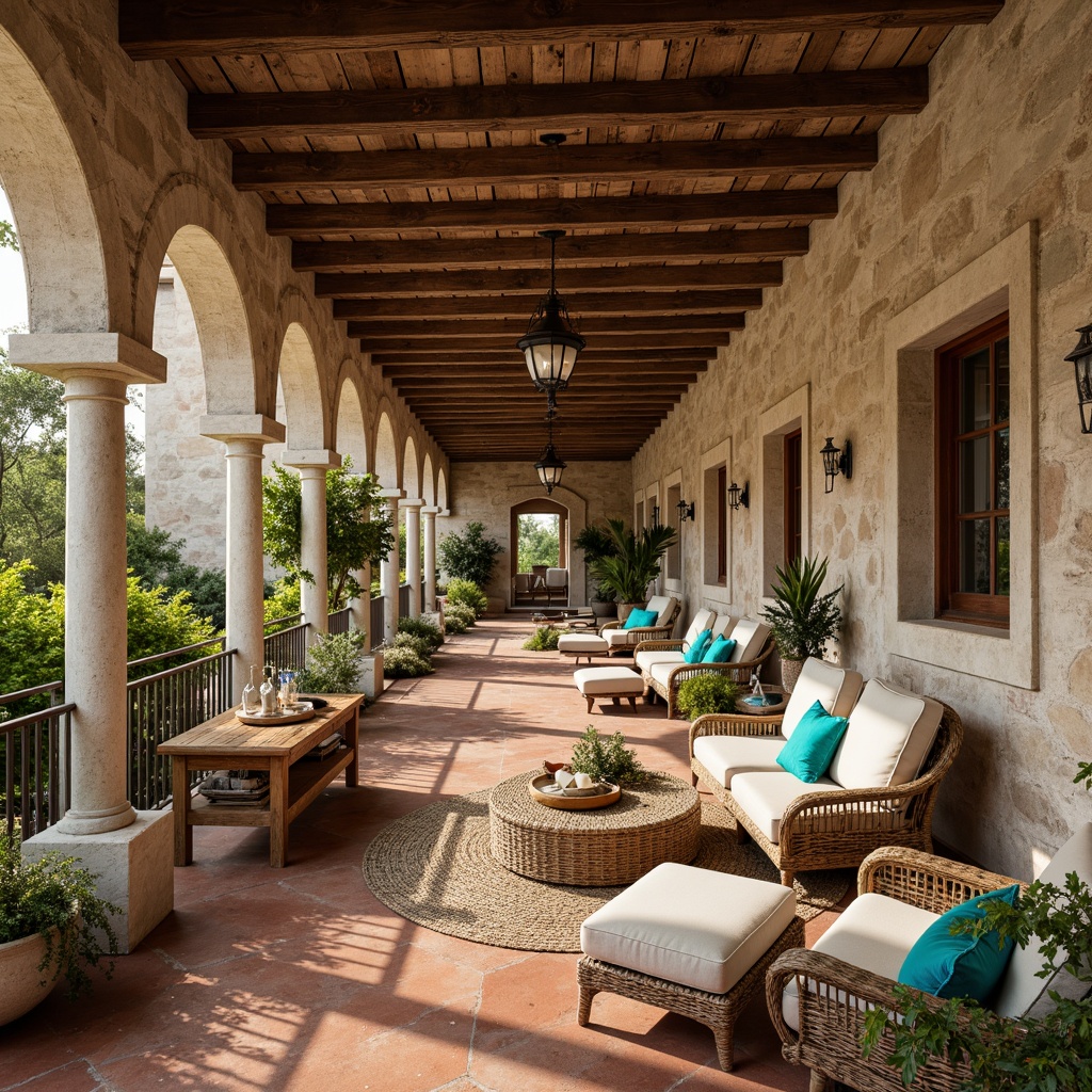 Prompt: Warm Mediterranean villa, rustic stone walls, terra cotta flooring, distressed wood beams, ornate metalwork, plush cushions, vibrant turquoise accents, lush greenery, natural textiles, woven rattan furniture, curved lines, ornate carvings, earthy color palette, warm golden lighting, soft shadows, 3/4 composition, inviting atmosphere.