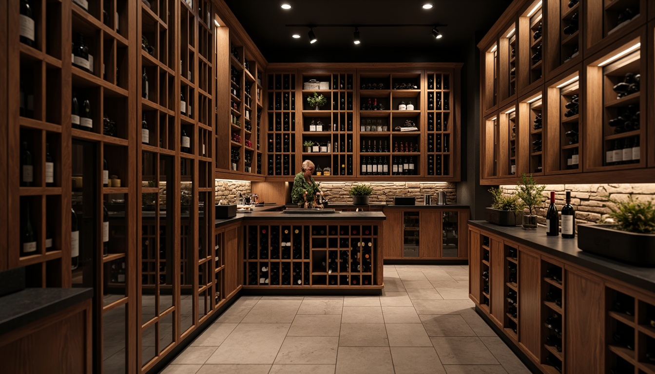 Prompt: Luxurious wine cellar, dark wood shelving, temperature-controlled environment, humidity-regulated atmosphere, soft dim lighting, stone walls, rustic charm, wooden crates, glass-enclosed wine racks, climate-controlled cabinets, premium wine storage solutions, sophisticated wine aging systems, rich wood accents, ambient warm glow, shallow depth of field, 1/1 composition, realistic textures, subtle color palette.