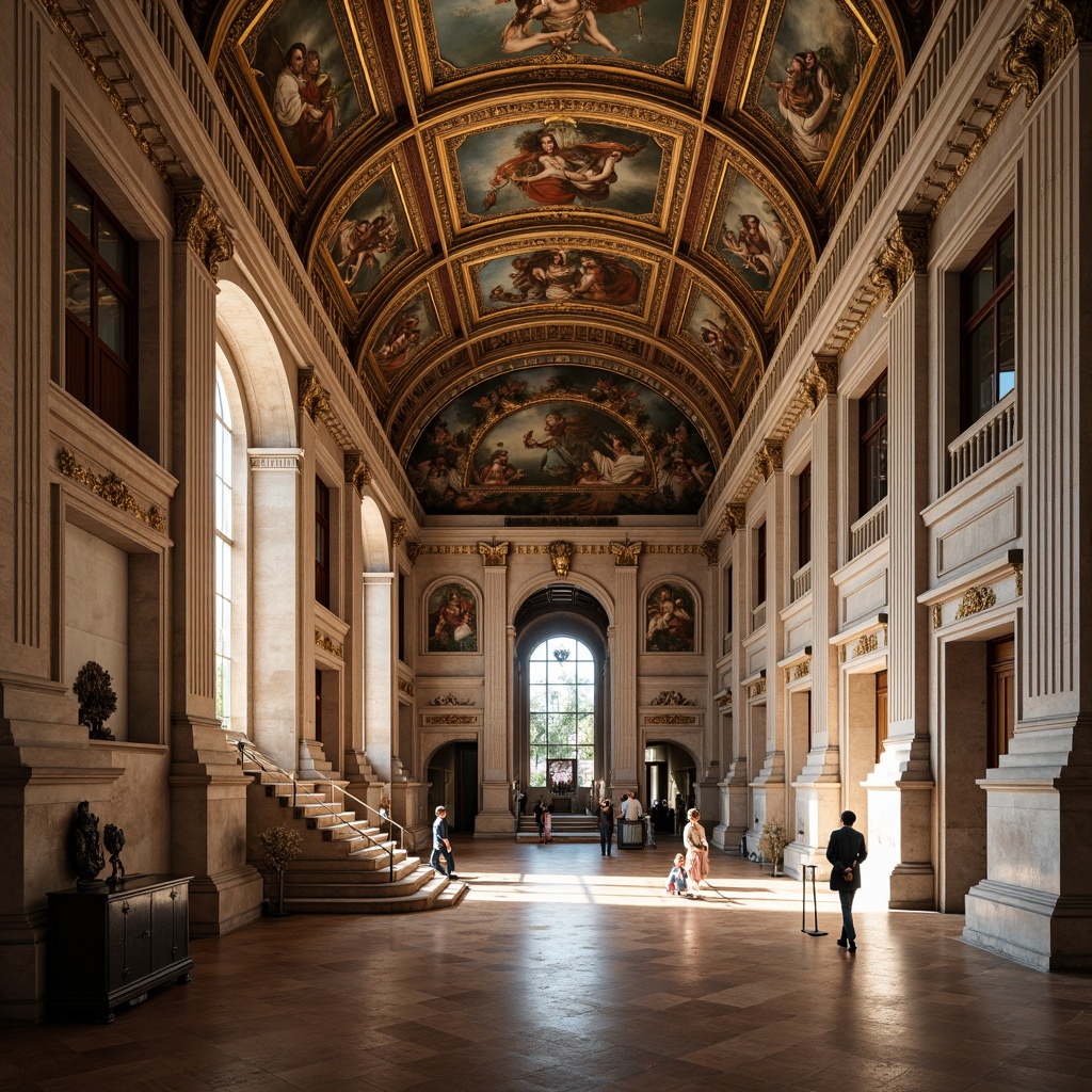 Prompt: Grand museum facade, ornate Renaissance details, intricate stone carvings, richly textured walls, opulent golden accents, lavish fresco ceilings, majestic marble columns, grand staircases, velvet ropes, polished wooden floors, warm soft lighting, shallow depth of field, 2/3 composition, symmetrical architecture, neoclassical elements, subtle color gradations, realistic reflections, ambient occlusion.