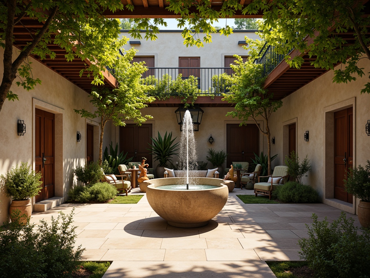 Prompt: Tranquil Mediterranean courtyard, lush greenery, ornate fountains, rustic stone walls, wooden trellises, vibrant bougainvillea, sunny warm lighting, shallow depth of field, 1/2 composition, intimate seating areas, elegant archways, decorative tile work, wrought iron railings, earthy color palette, natural textures, ambient occlusion, serene ambiance.