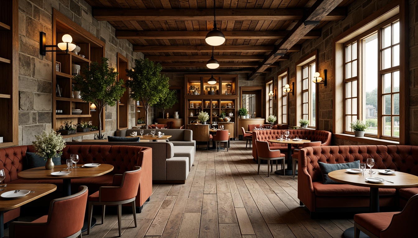 Prompt: Vintage eclectic dining hall, distressed wood flooring, reclaimed wooden planks, rich brown tones, ornate furniture, velvety upholstery, luxurious textiles, statement lighting fixtures, industrial-chic metal accents, natural stone walls, earthy color palette, warm cozy atmosphere, shallow depth of field, 1/2 composition, softbox lighting, realistic textures.