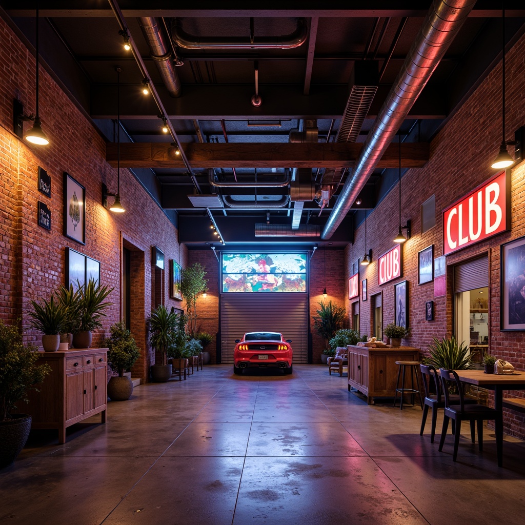 Prompt: Industrial-chic garage, exposed brick walls, metal beams, polished concrete floors, modern LED lighting, color-changing neon signs, sleek metal fixtures, edgy pendant lamps, rustic wooden accents, distressed finishes, urban loft atmosphere, high ceilings, dramatic shadows, warm ambient glow, softbox lighting, 1/1 composition, realistic textures, ambient occlusion.