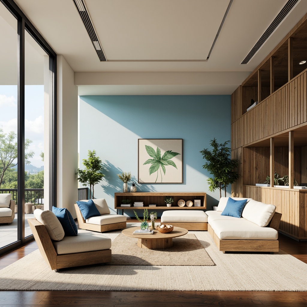 Prompt: Vibrant cerulean blue accents, soft creamy whites, warm beige backgrounds, rich walnut wood textures, natural linen fabrics, subtle golden metallic hints, elegant modern furniture, spacious open layouts, abundant natural light, airy atmosphere, shallow depth of field, 1/1 composition, realistic reflections, ambient occlusion.