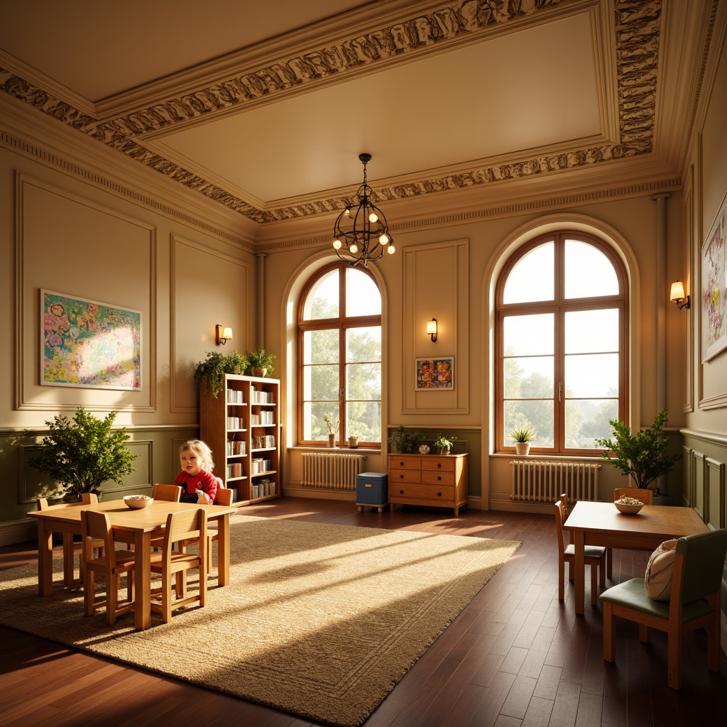 Prompt: Warm kindergarten classroom, soft golden lighting, traditional classicism architecture, ornate moldings, grand chandeliers, warm beige walls, rich wood accents, comfortable reading nooks, colorful educational posters, playful kid-sized furniture, cozy carpeted floors, large windows with gentle natural light, elegant archways, subtle shadows, 1/1 composition, warm color palette, inviting atmosphere, soft focus, realistic textures.