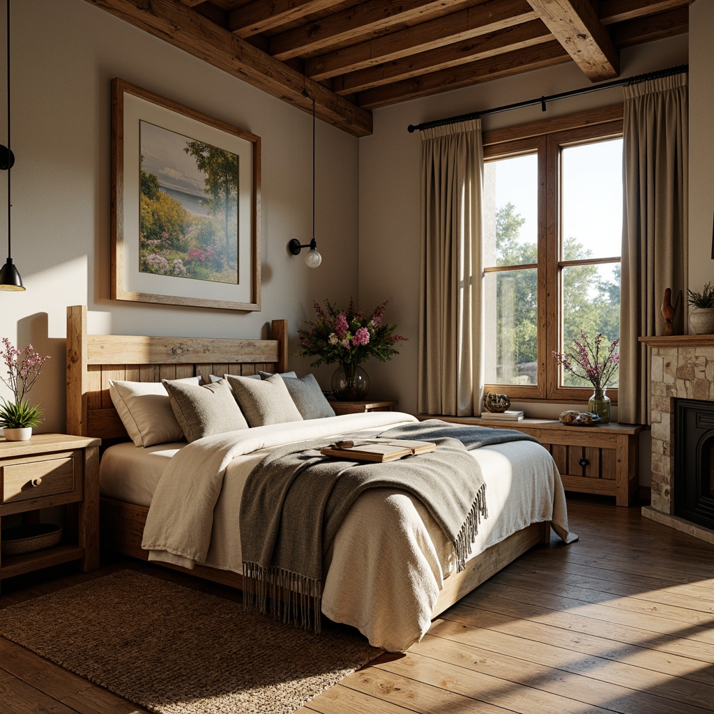 Prompt: Rustic farmhouse bedroom, vintage wooden furniture, distressed finishes, plush cushions, natural fabrics, earthy color palette, reclaimed wood accents, metal decorative elements, woven textiles, soft warm lighting, cozy reading nook, comfortable bedding, nature-inspired artwork, wildflower bouquets, wooden floorboards, stone fireplace, sunny morning light, shallow depth of field, 1/1 composition, realistic textures.