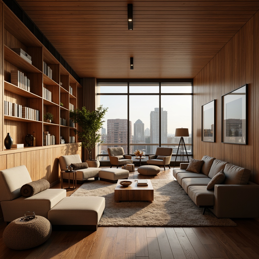 Prompt: Cozy living room, warm wood accents, soft carpet flooring, comfortable sofas, floor lamps, table lamps, warm white lighting, indirect ambient light, bookshelves, academic decorations, framed artwork, minimalist decor, modern furniture, large windows, natural daylight, urban city view, 1/1 composition, shallow depth of field, realistic textures.