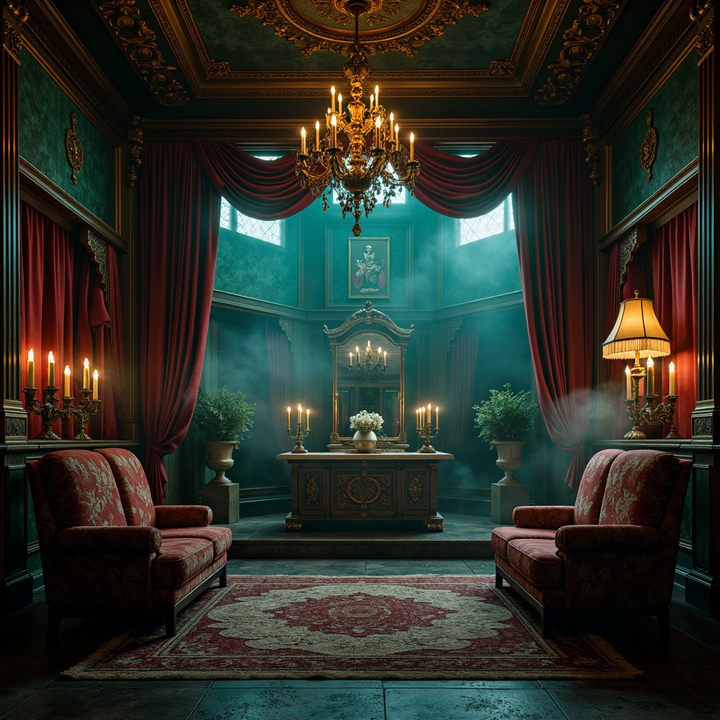 Prompt: Dark, mystical atmosphere, rich velvet drapes, ornate wooden furniture, mysterious candlelight, eerie fog effects, dramatic spotlighting, grandiose chandeliers, luxurious jewel-toned colors, emerald green walls, crimson red accents, midnight blue ceilings, golden metallic ornaments, intricate stonework patterns, weathered stone textures, mystical symbolisms, ancient artifacts, mysterious relics, dimly lit corridors, abandoned cathedral ambiance, haunting melodies, eerie sound effects.