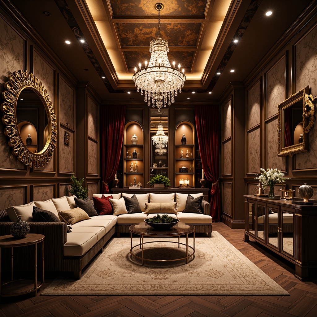 Prompt: Luxurious storage room, metallic accents, ornate mirrors, crystal chandeliers, geometric patterns, velvet drapes, rich wood tones, polished chrome hardware, subtle warm lighting, softbox diffusers, cove lighting, recessed ceiling lights, elegant glass shelves, ornamental vases, lavish furnishings, opulent textiles, dramatic shadows, 1/2 composition, cinematic lighting, high-contrast ratio.