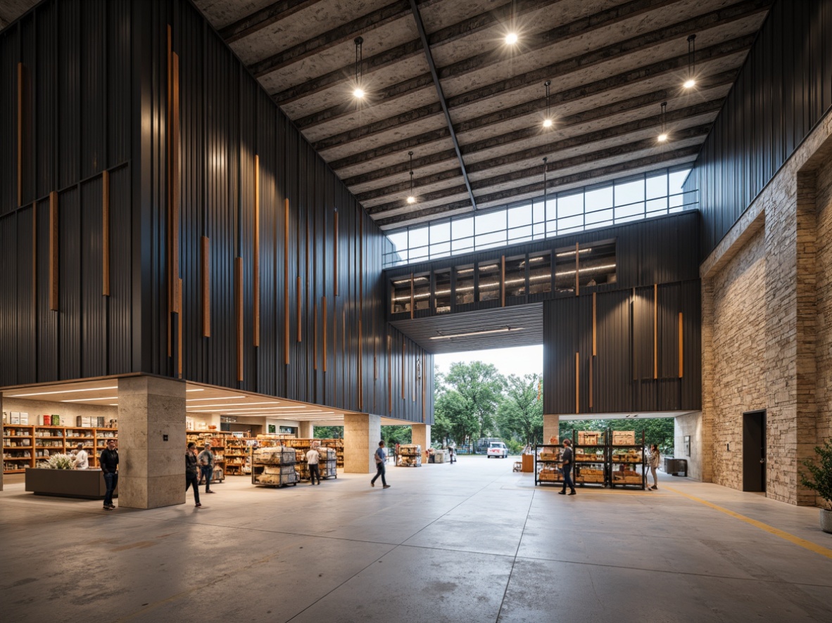 Prompt: Modern distribution center, sleek metal fa\u00e7ade, angular lines, minimalist design, high ceilings, industrial chic, polished concrete floors, neutral color palette, subtle branding elements, functional shelving systems, efficient storage solutions, rustic wooden accents, natural stone walls, abundant natural light, soft warm lighting, shallow depth of field, 3/4 composition, panoramic view, realistic textures, ambient occlusion.