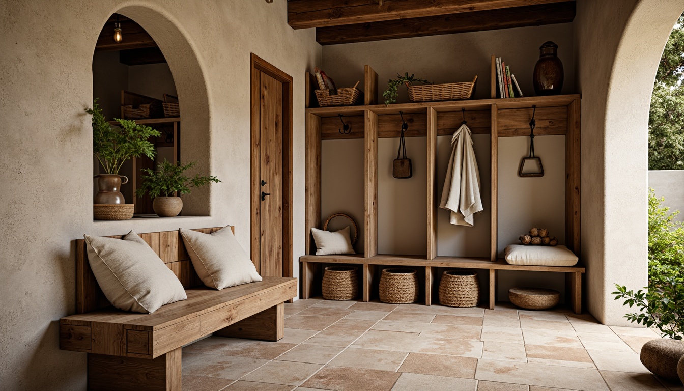 Prompt: Rustic mudroom, natural stone flooring, earthy brown tones, wooden bench, woven wicker storage, vintage metal hooks, distressed wood accents, rough-hewn stone walls, warm beige colors, soft ambient lighting, shallow depth of field, 1/1 composition, realistic textures, ambient occlusion.