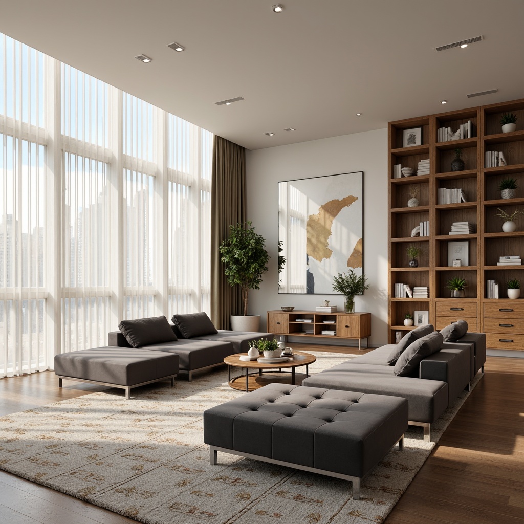 Prompt: Minimalist living room, streamline moderne aesthetic, sleek low-profile furniture, polished chrome legs, tufted grey velvet sofas, geometric patterned rugs, floor-to-ceiling windows, sheer white curtains, indirect soft lighting, warm beige walls, rich walnut wood accents, hidden storage compartments, optimized traffic flow, functional zones, cozy reading nooks, atmospheric misting systems, 1/1 composition, shallow depth of field, realistic fabric textures, ambient occlusion.