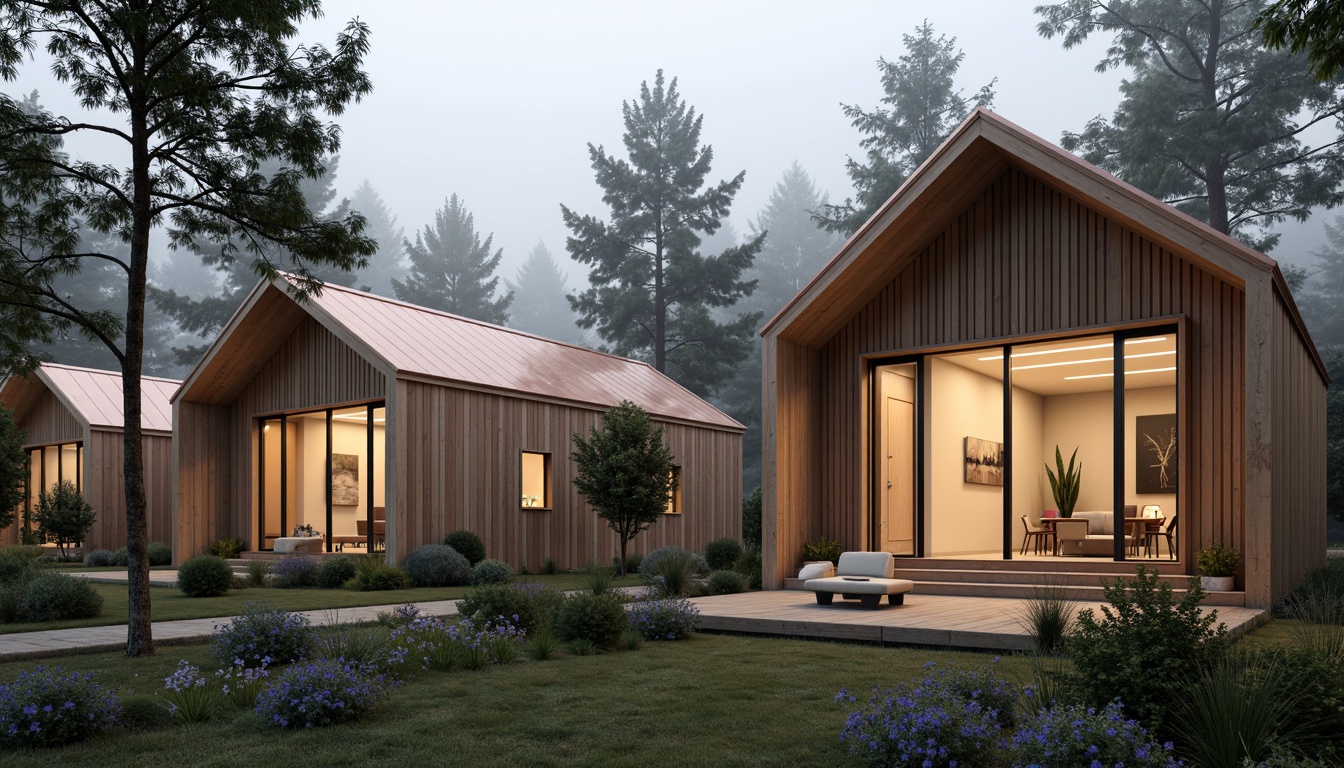 Prompt: Rustic wooden cabins, natural stone walls, weathered copper roofs, minimalist design, clean lines, Nordic-inspired facades, large windows, cozy interior lighting, warm beige tones, soft ambient occlusion, subtle gradient maps, 1/1 composition, intimate scale, serene forest surroundings, misty morning atmosphere, gentle fog effects, realistic wood grain textures, ambient soundscapes.