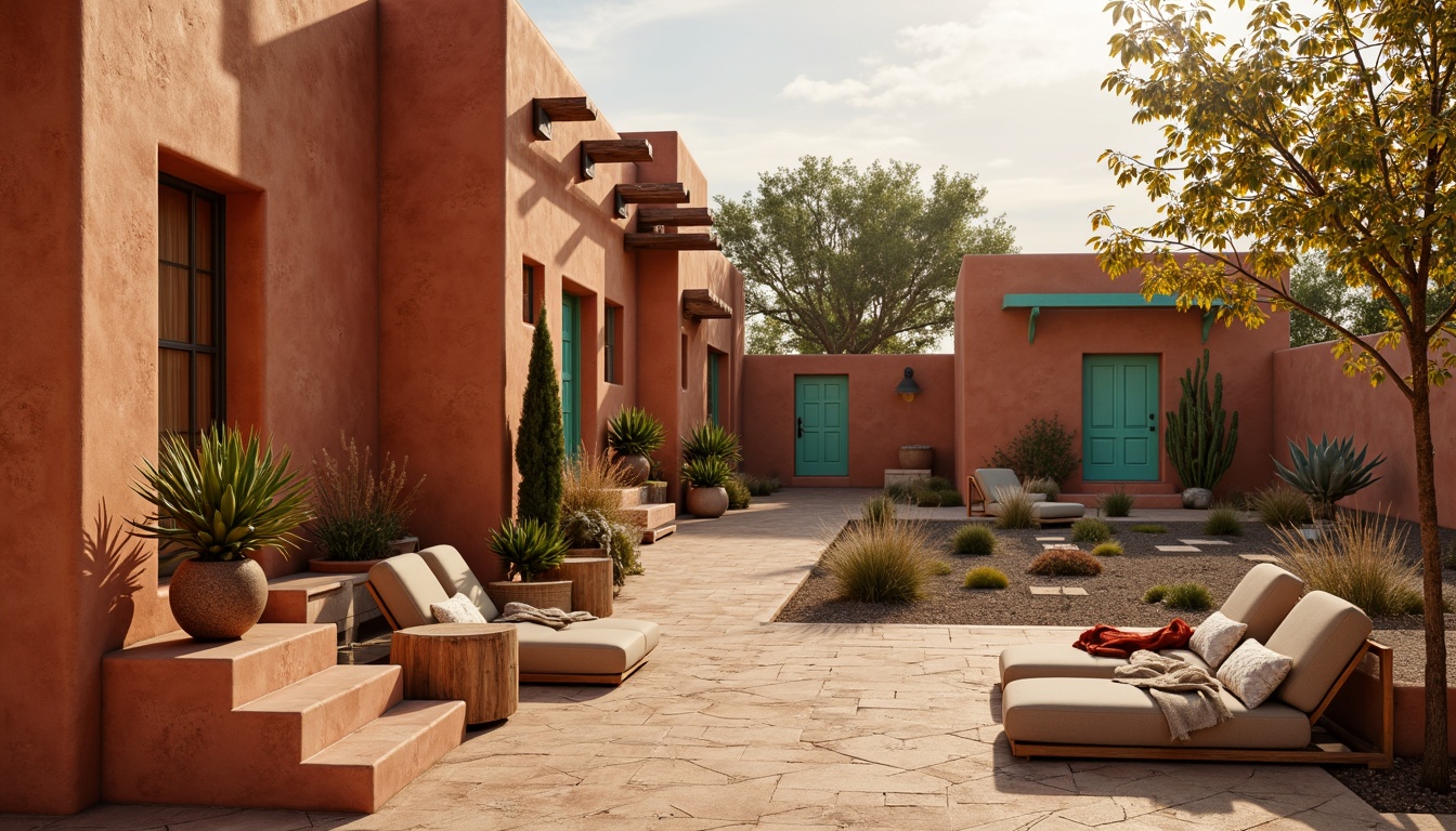 Prompt: Earthy adobe buildings, warm terracotta tones, vibrant turquoise accents, rustic wooden doors, natural stone floors, sandy beige walls, decorative tile work, Native American-inspired patterns, bold red and orange hues, soft golden lighting, dramatic shadows, 3/4 composition, cinematic view, realistic textures, ambient occlusion.