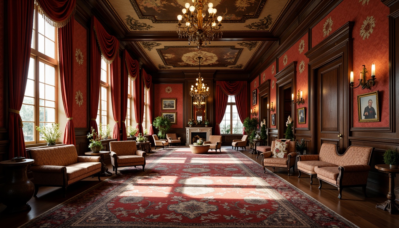 Prompt: Opulent Victorian mansion, rich velvet fabrics, intricate floral patterns, luxurious silk drapes, ornate tassel trimmings, plush woolen carpets, embossed leather upholstery, antique furniture pieces, carved wooden accents, grand chandeliers, warm golden lighting, soft focus, shallow depth of field, 2/3 composition, realistic textures, ambient occlusion.