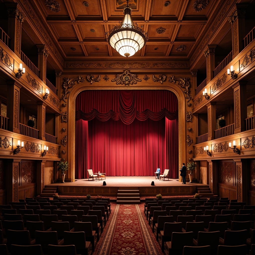 Prompt: \Traditional performing arts center, ornate wooden stage, red velvet curtains, golden accents, intricate carvings, cultural patterned rugs, warm dim lighting, audience seating, tiered balconies, grand chandelier, rich wood tones, classic architecture, historic landmark, evening performance, soft spotlighting, dramatic shadows, 1/2 composition, realistic textures, ambient occlusion.\