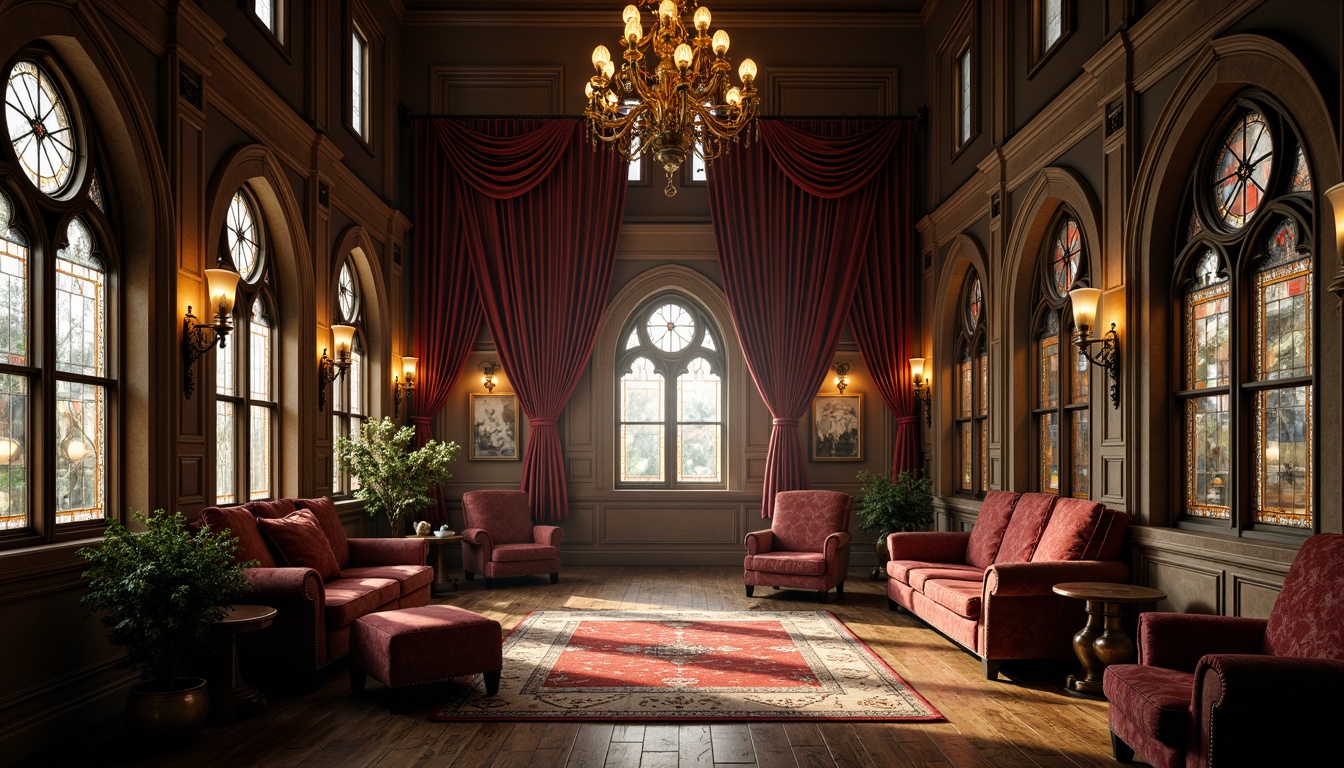 Prompt: Intricate stone carvings, ornate wooden paneling, lavish velvet drapes, mystical stained glass windows, grandiose chandeliers, opulent furnishings, richly patterned rugs, dramatic archways, somber mysterious ambiance, warm golden lighting, deep shadows, 1/2 composition, atmospheric perspective, realistic texture rendering, subtle ambient occlusion.