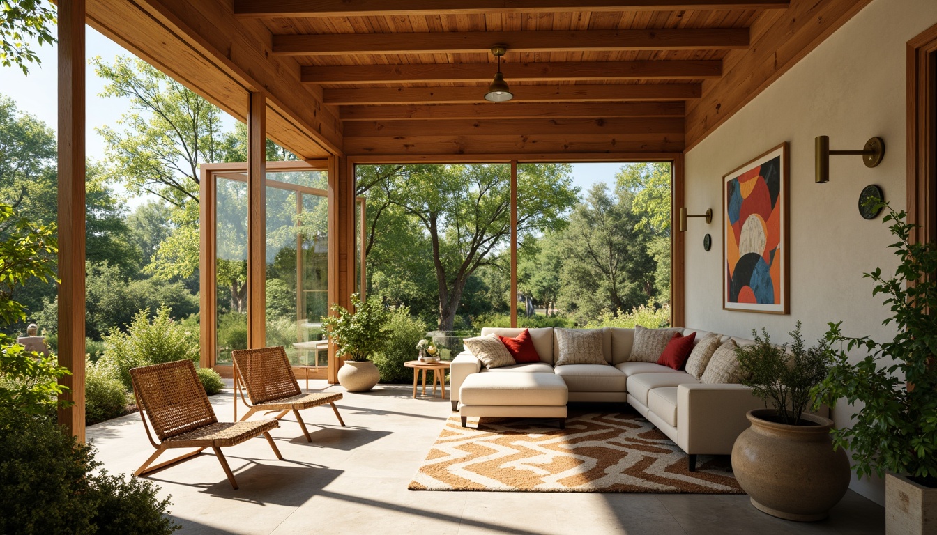 Prompt: Vibrant sunroom, lush greenery, natural wood accents, retro-inspired furniture, curved lines, organic shapes, woven wicker chairs, plush throw pillows, geometric patterned rugs, brass metal fixtures, minimalist decor, abundant natural light, sliding glass doors, panoramic views, warm beige walls, polished concrete floors, potted plants, mid-century modern architecture, cozy reading nook, comfortable sectional sofa, abstract artwork, stylish floor lamps, soft warm lighting, shallow depth of field, 3/4 composition, realistic textures.