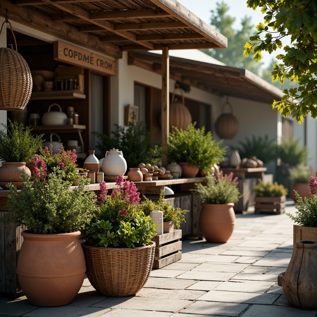 Prompt: Rustic market stalls, natural wood accents, woven rattan baskets, earthy terracotta pots, lush greenery, vibrant flowers, distressed metal signage, reclaimed wooden crates, stone walkways, vintage lanterns, warm soft lighting, shallow depth of field, 3/4 composition, panoramic view, realistic textures, ambient occlusion.