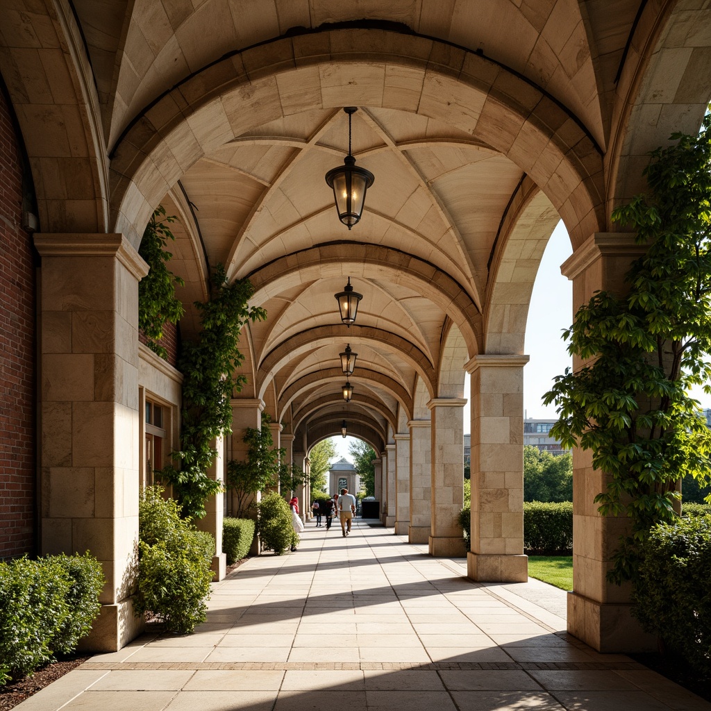 Prompt: Elegant archways, ornate carvings, majestic stone columns, rustic brick walls, lush greenery, climbing vines, warm sunny day, soft natural lighting, shallow depth of field, 3/4 composition, panoramic view, realistic textures, ambient occlusion.