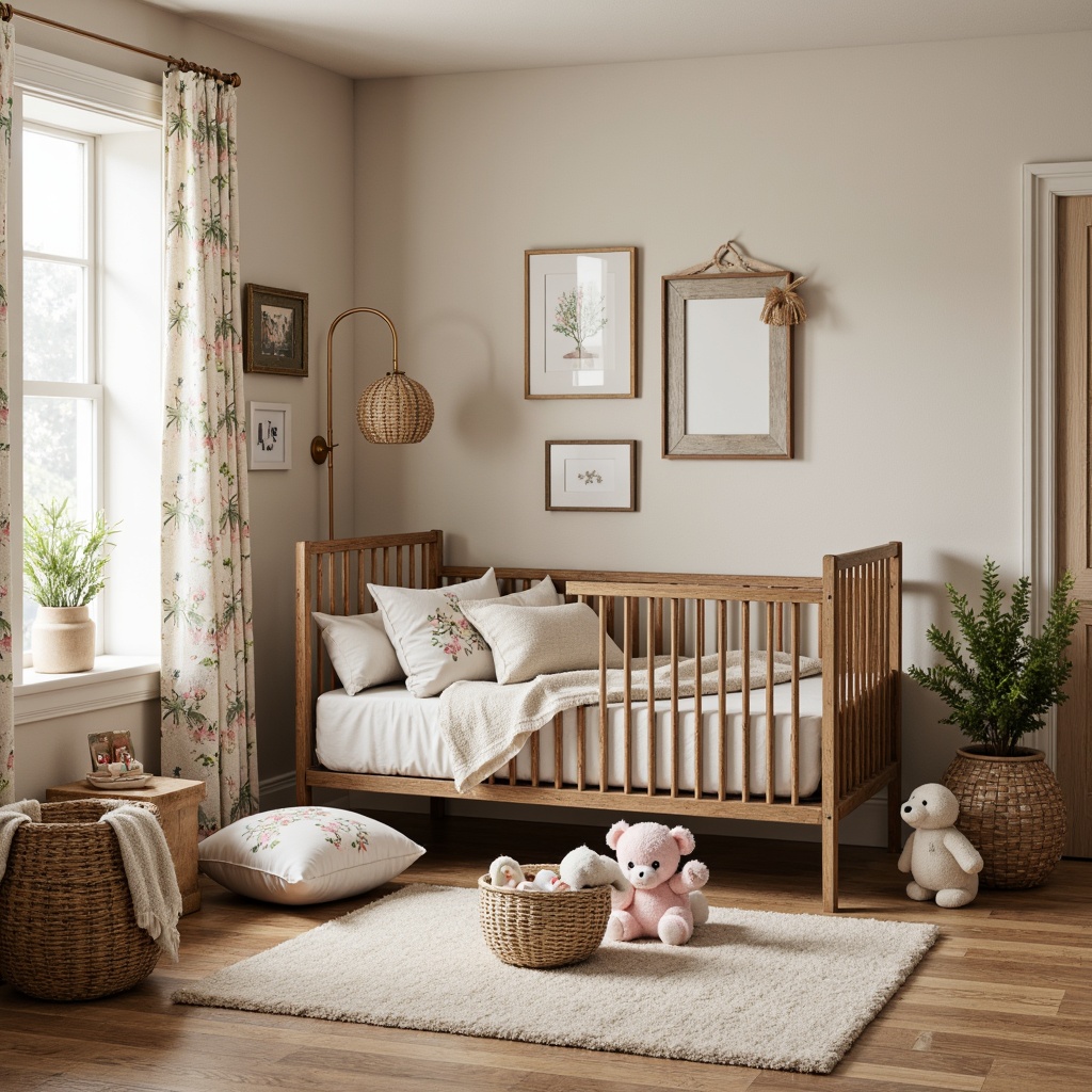 Prompt: Rustic wooden crib, vintage-inspired metal frame, soft pastel colors, floral patterned curtains, distressed wood furniture, woven baskets, plush toys, natural fiber rugs, earthy tone walls, creamy whites, warm beige accents, whimsical mobiles, antique decorative frames, classic children's books, cozy reading nook, warm softbox lighting, shallow depth of field, 1/2 composition, rustic textures, ambient occlusion.This prompt includes elements that enhance a baby room with a vernacular style, incorporating natural materials, soft colors, and vintage-inspired decor.