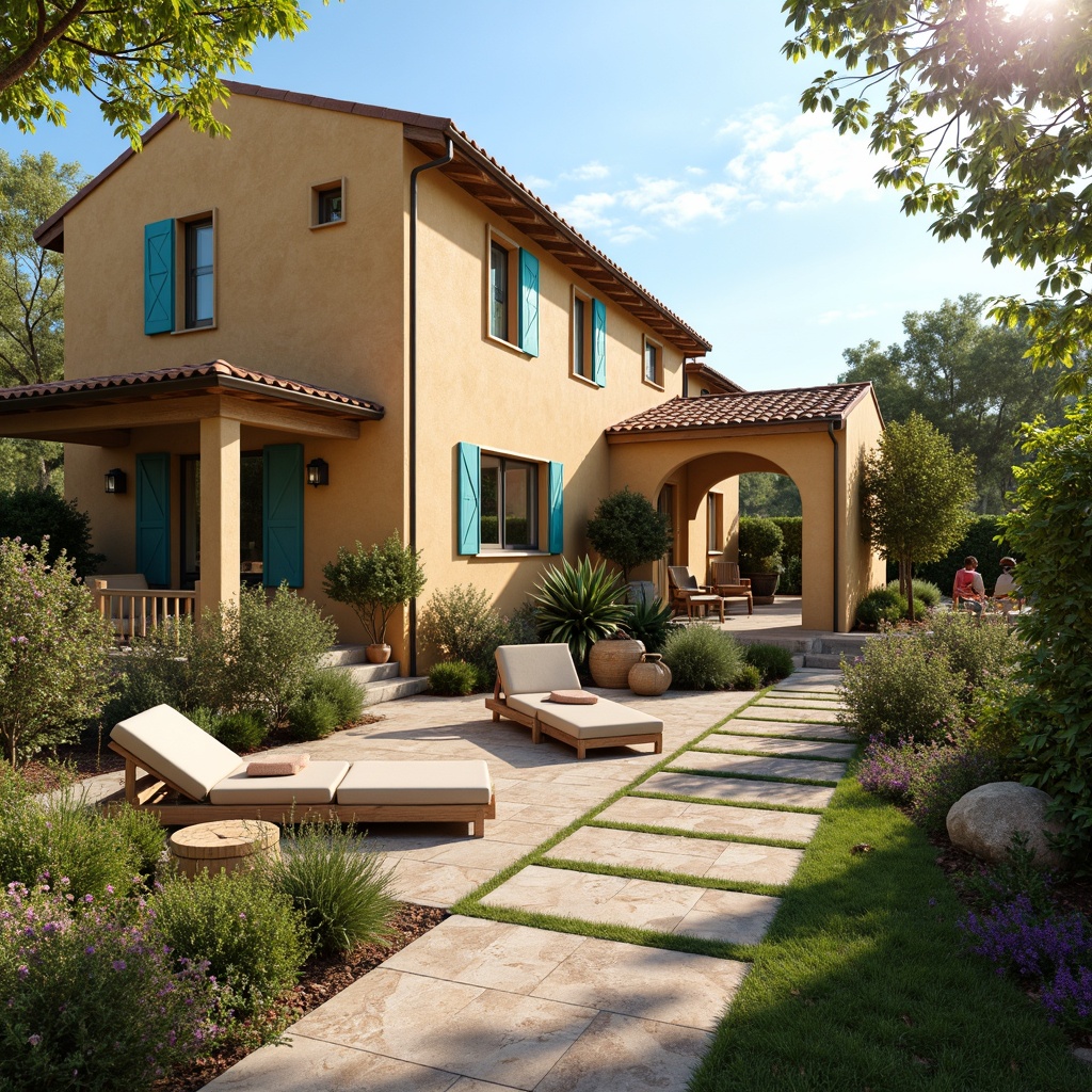 Prompt: Vibrant Mediterranean villa, warm sandy beige walls, turquoise accents, lush greenery, blooming flowers, rustic stone pathways, wooden shutters, terracotta roof tiles, cozy outdoor seating areas, soft warm lighting, shallow depth of field, 3/4 composition, panoramic view, realistic textures, ambient occlusion.