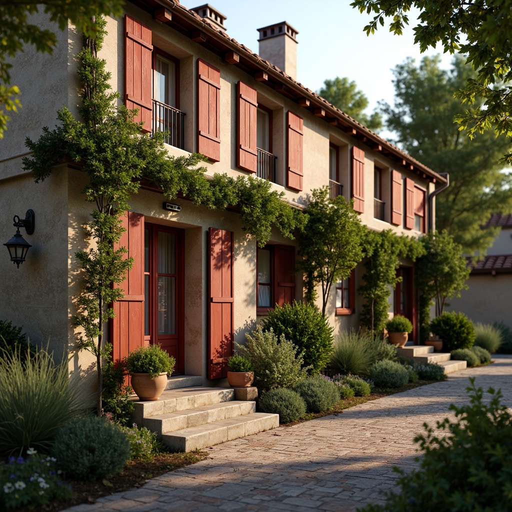 Prompt: Rustic French country cottage, warm maroon hues, earthy terracotta accents, distressed wood textures, vintage metal lanterns, soft golden lighting, lush greenery, overgrown gardens, cobblestone pathways, rustic stone walls, charming shutters, ornate ironwork, aged brick facades, tranquil atmosphere, shallow depth of field, 1/1 composition, warm sunny day, realistic textures, ambient occlusion.