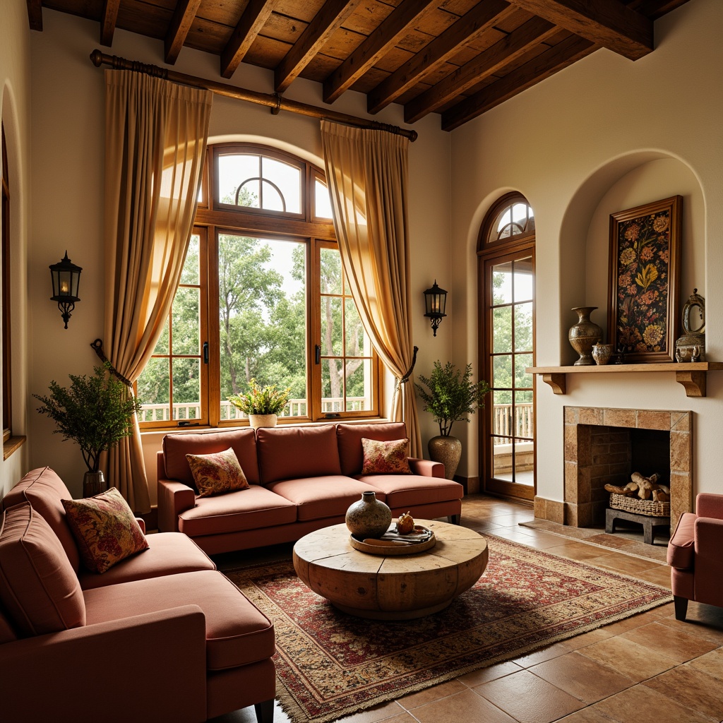 Prompt: Cozy Mediterranean-style living room, warm beige walls, rustic wooden furniture, plush velvet sofas, ornate ceramic vases, natural stone flooring, arched windows, soft billowy curtains, warm golden lighting, shallow depth of field, 1/1 composition, intimate atmosphere, realistic textures, ambient occlusion, decorative tile accents, elegant archways, lush greenery, vibrant colorful textiles, intricate geometric patterns.