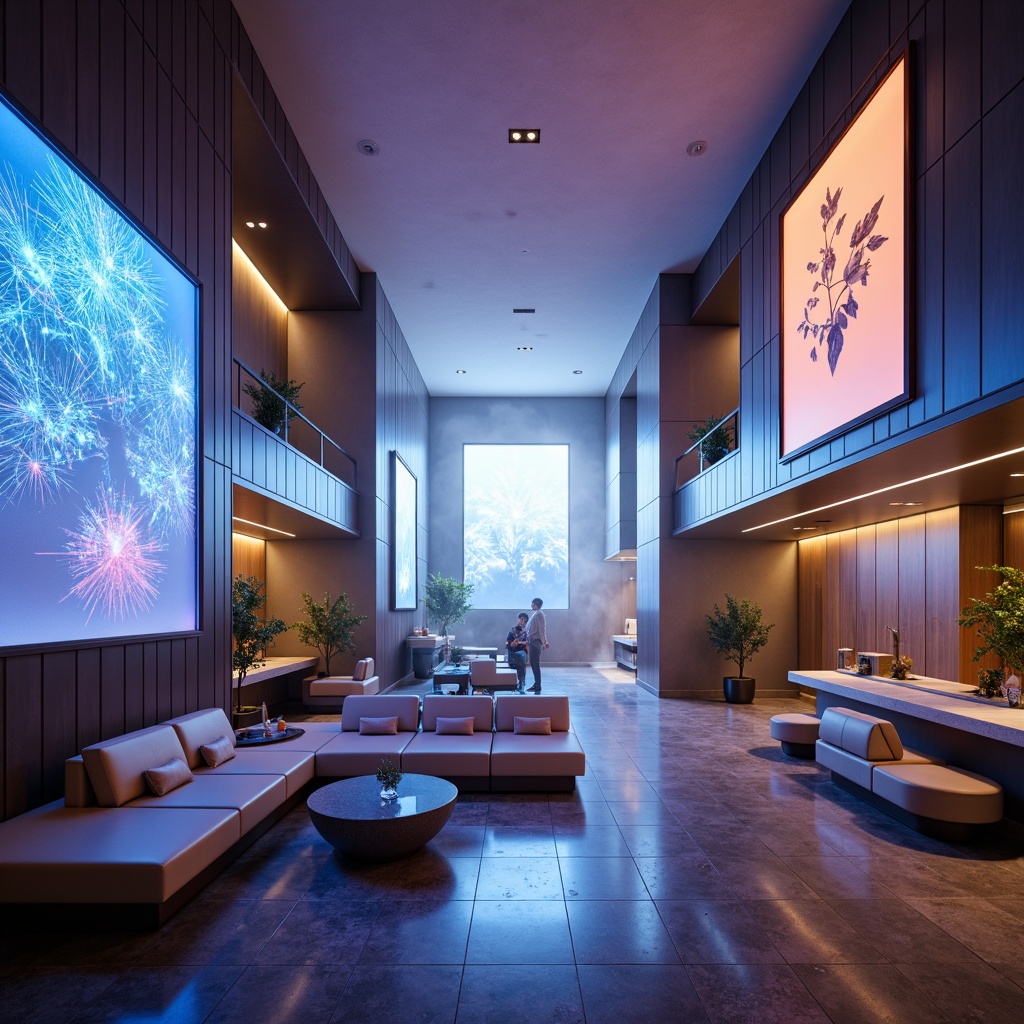 Prompt: Futuristic hotel lobby, sleek metallic surfaces, neon light installations, holographic projections, levitating furniture, glowing accent walls, curved lines, minimalist decor, avant-garde sculptures, futuristic seating areas, circular coffee tables, ambient LED lighting, foggy atmosphere, shallow depth of field, 1/1 composition, wide-angle lens, realistic reflections, detailed normal maps.