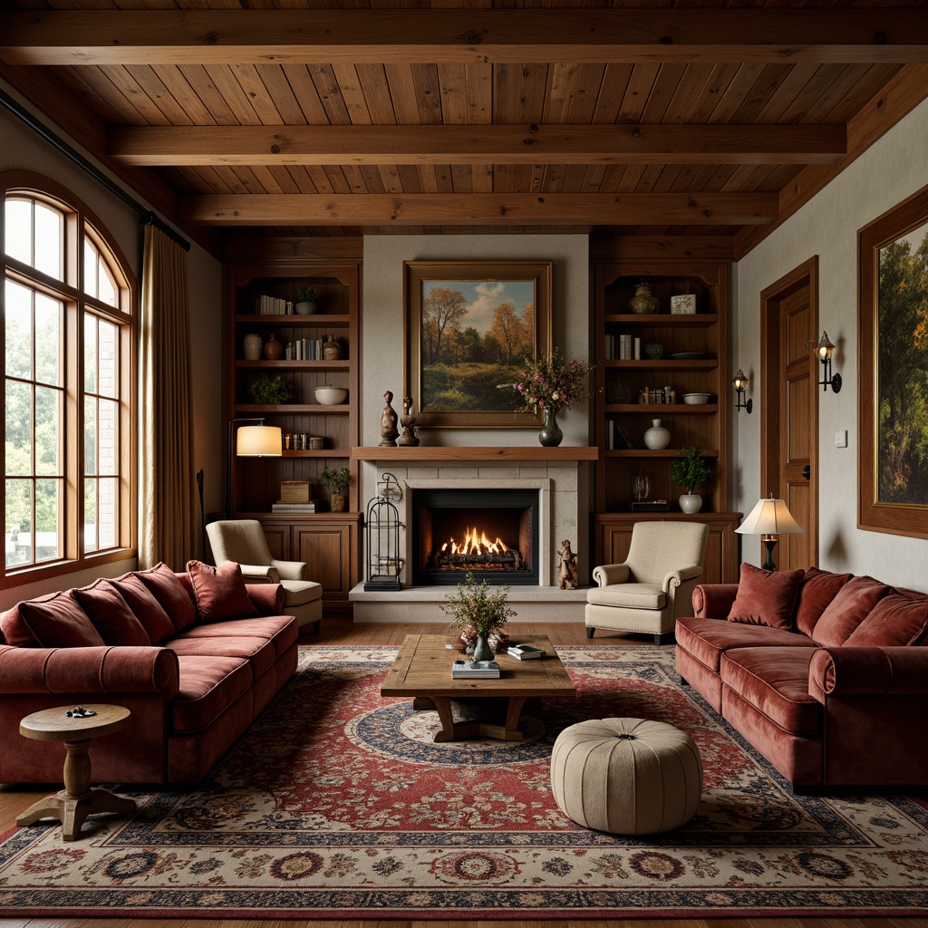 Prompt: Cozy traditional living room, plush velvet sofas, distressed wooden coffee tables, ornate rug patterns, soft warm lighting, comfortable seating arrangement, curved-back armchairs, ottoman stools, vintage-inspired accent chairs, natural stone fireplaces, rich wood paneling, elegant drapery, subtle texture variations, 1/2 composition, shallow depth of field, warm color palette, inviting atmosphere.