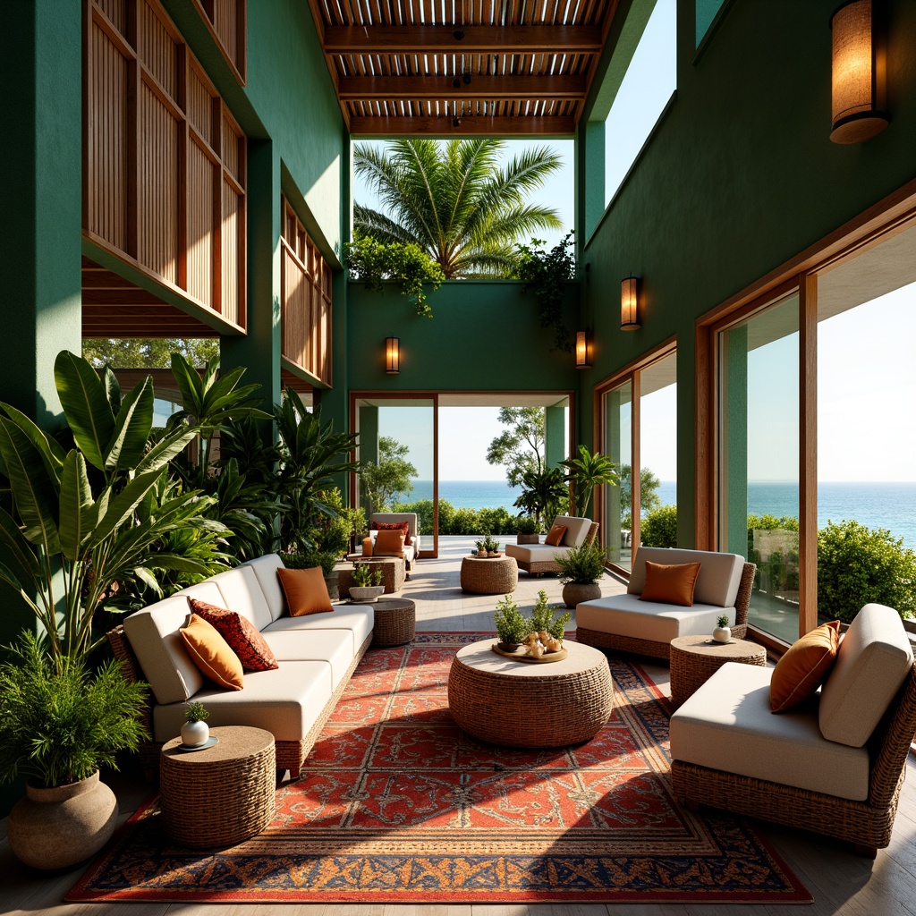 Prompt: Tropical interior, lush green walls, exotic plants, natural wood accents, woven rattan furniture, vibrant colorful textiles, intricate geometric patterns, warm ambient lighting, soft glowing lanterns, LED strip lights, floor-to-ceiling windows, sliding glass doors, ocean views, sunny day, bright skylights, 3/4 composition, shallow depth of field, realistic textures, ambient occlusion.