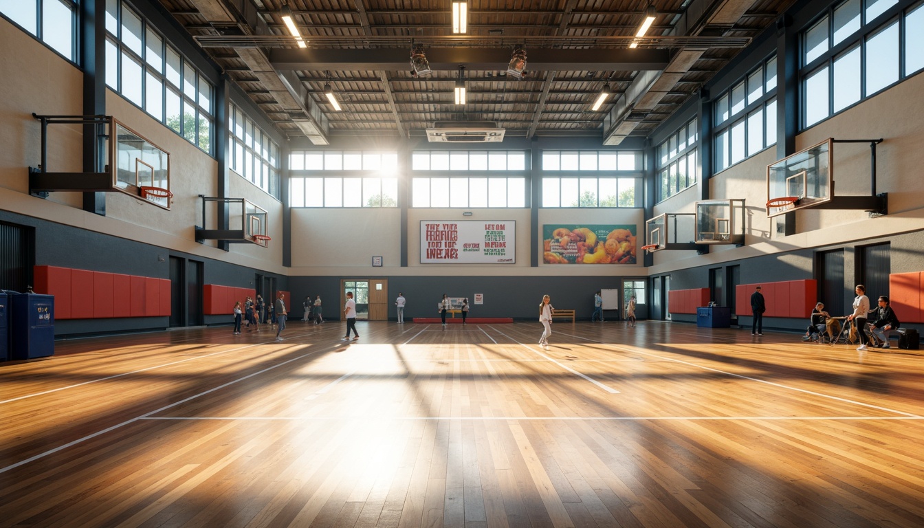 Prompt: Bright gymnasium interior, high ceilings, large windows, natural daylight, warm wood flooring, sports equipment, basketball hoops, athletic tracks, motivational quotes, inspirational posters, dynamic spotlights, softbox lighting, LED strips, colorful accents, energetic atmosphere, morning sunlight, subtle shadows, 1/2 composition, realistic reflections, ambient occlusion.